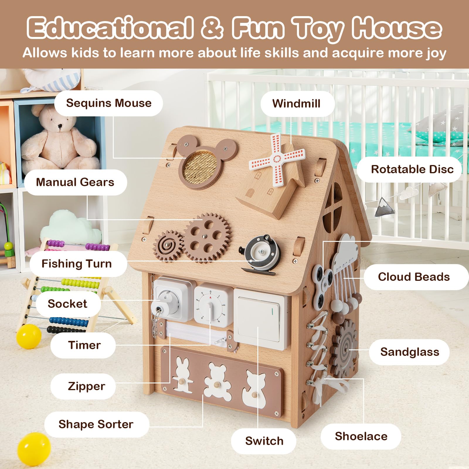 HOGEBABY Montessori Busy House Toy, Wooden Multi-Purpose Play House, Educational Learning Toy for Boys & Girls - Image 5