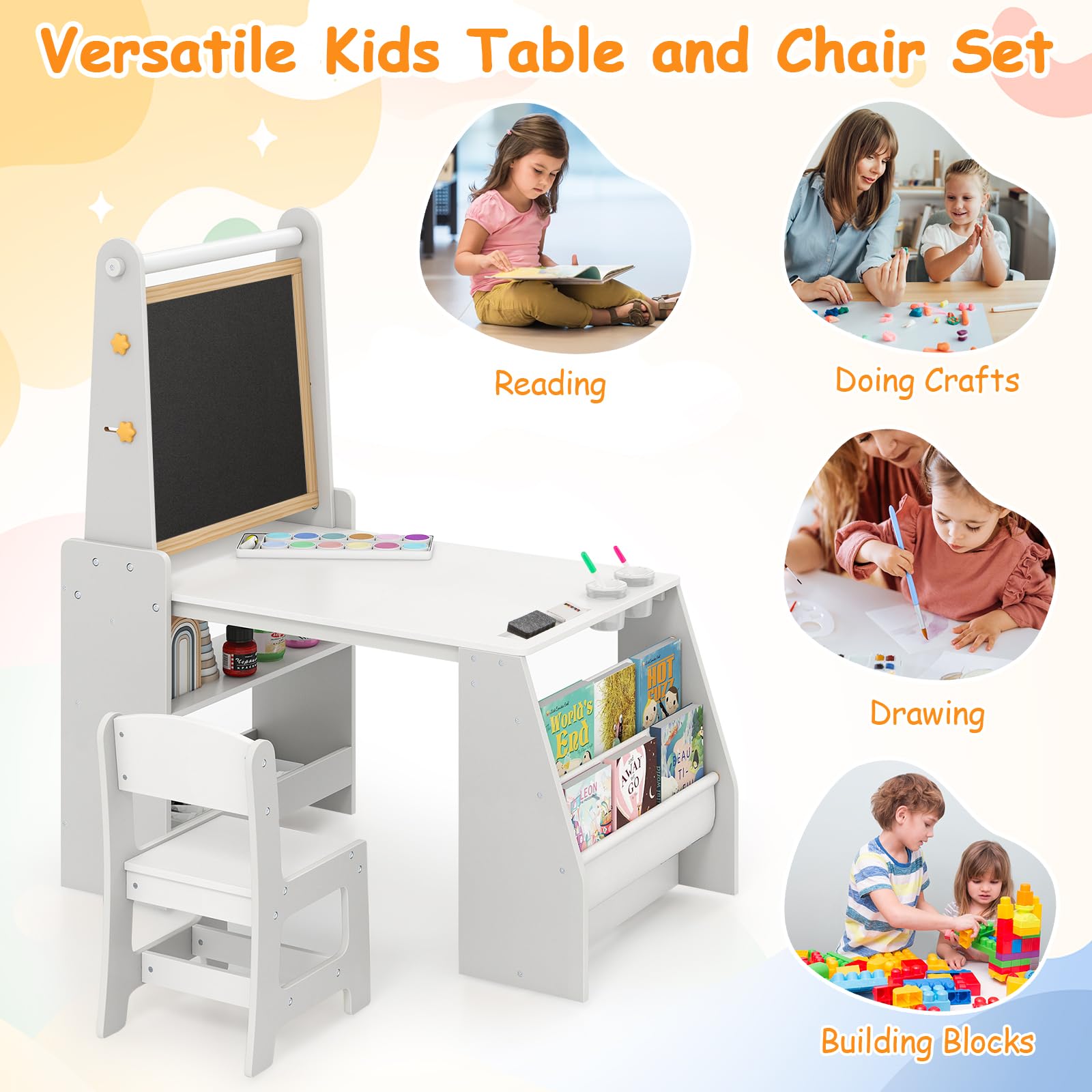 HOGEBABY Kids Art Table and Chair Set 4 in 1 Wooden Easel Activity Desk Set - Image 4