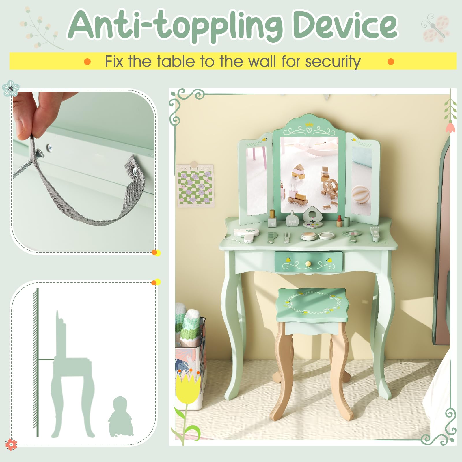 HOGEBABY Kids Vanity Set, 2 in 1 Princess Makeup Dressing Table & Chair Set w/Detachable Tri-fold Mirror - Image 6