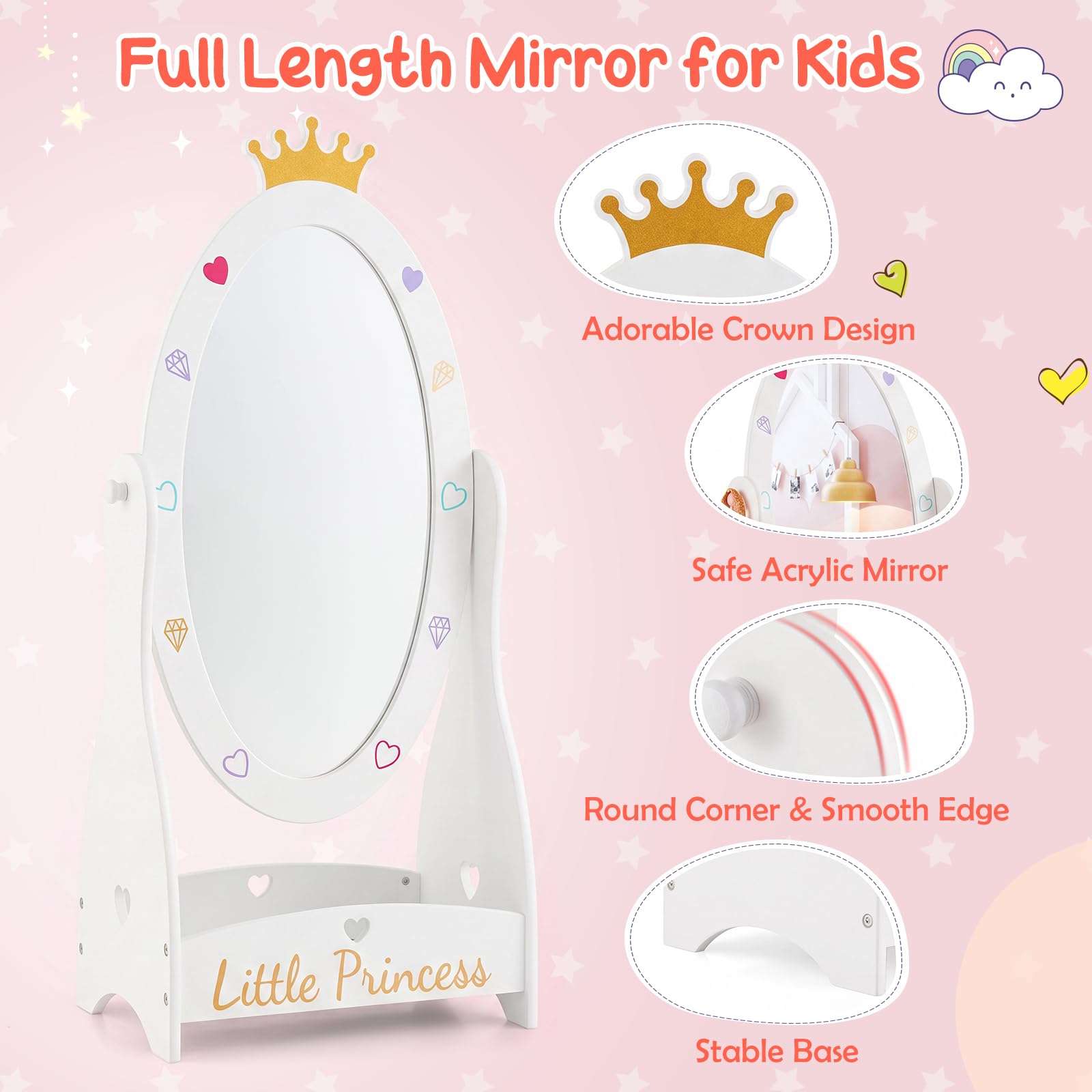 HOGEBABY Kids Full Length Mirror, Princess Floor Free Standing Mirror w/Storage Shelf - Image 6