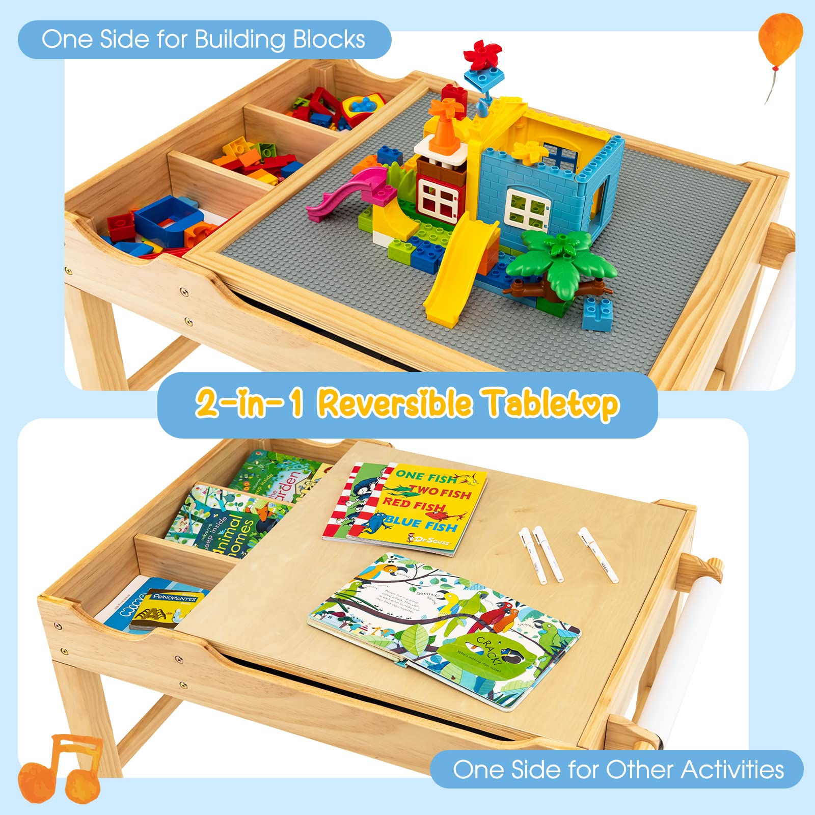 HOGEBABY Kids Table, 3 in 1 Wood Building Block Desk w/Storage, Paper Roll - Image 4