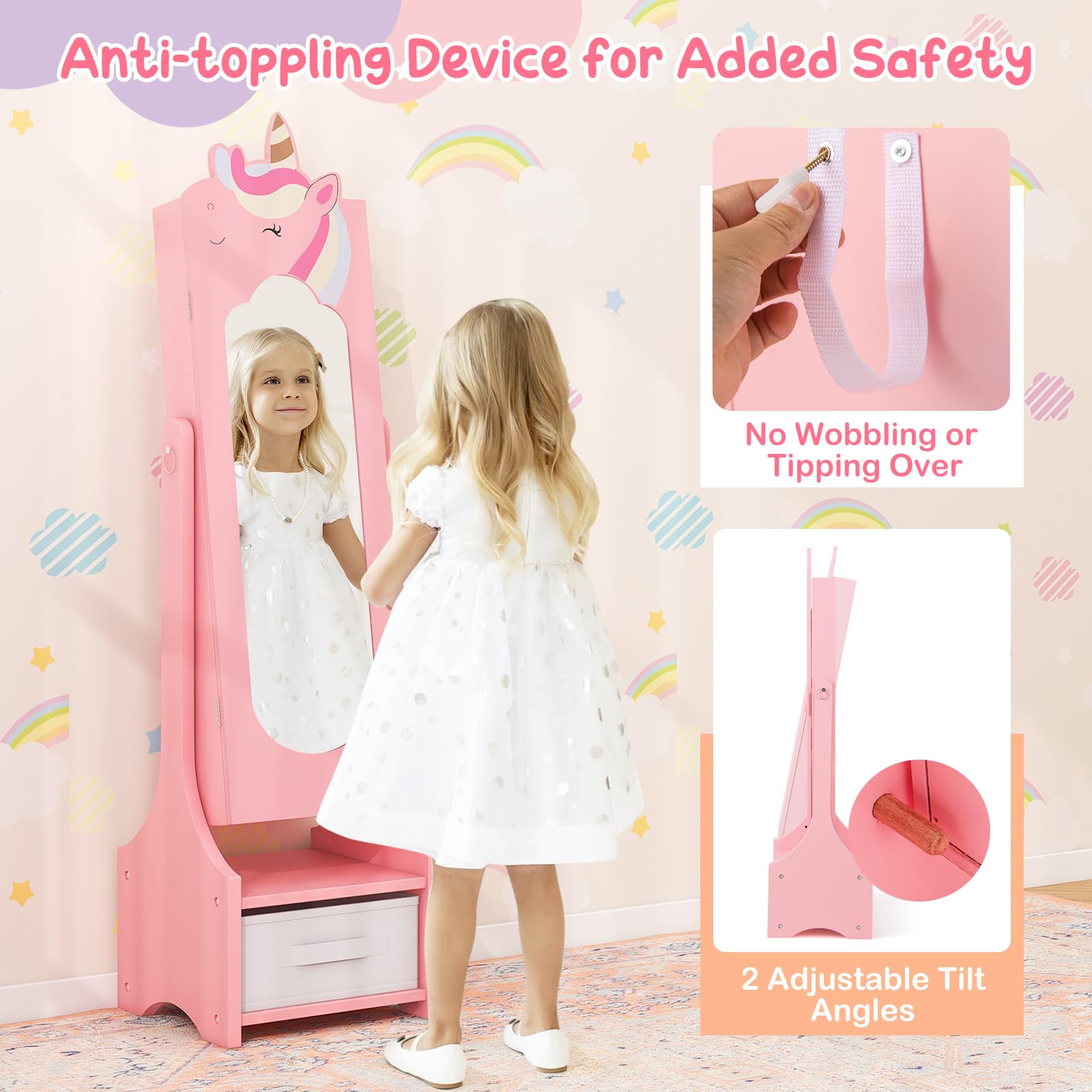 HOGEBABY Kids Vanity & Jewelry Armoire Cabinet, Pretend Play Kids Vanity Table and Chair Set - Image 4