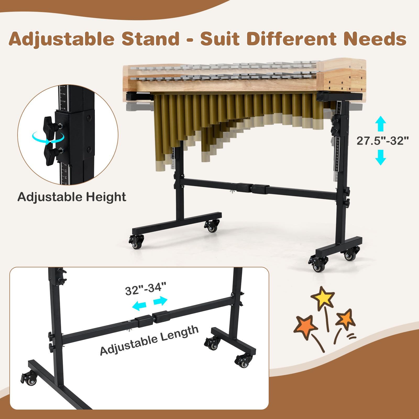 HOGEBABY 32 Note Marimba Rubber Wood Base & Resonance Tubes Adjustable Stand & Lockable Wheels - Image 5