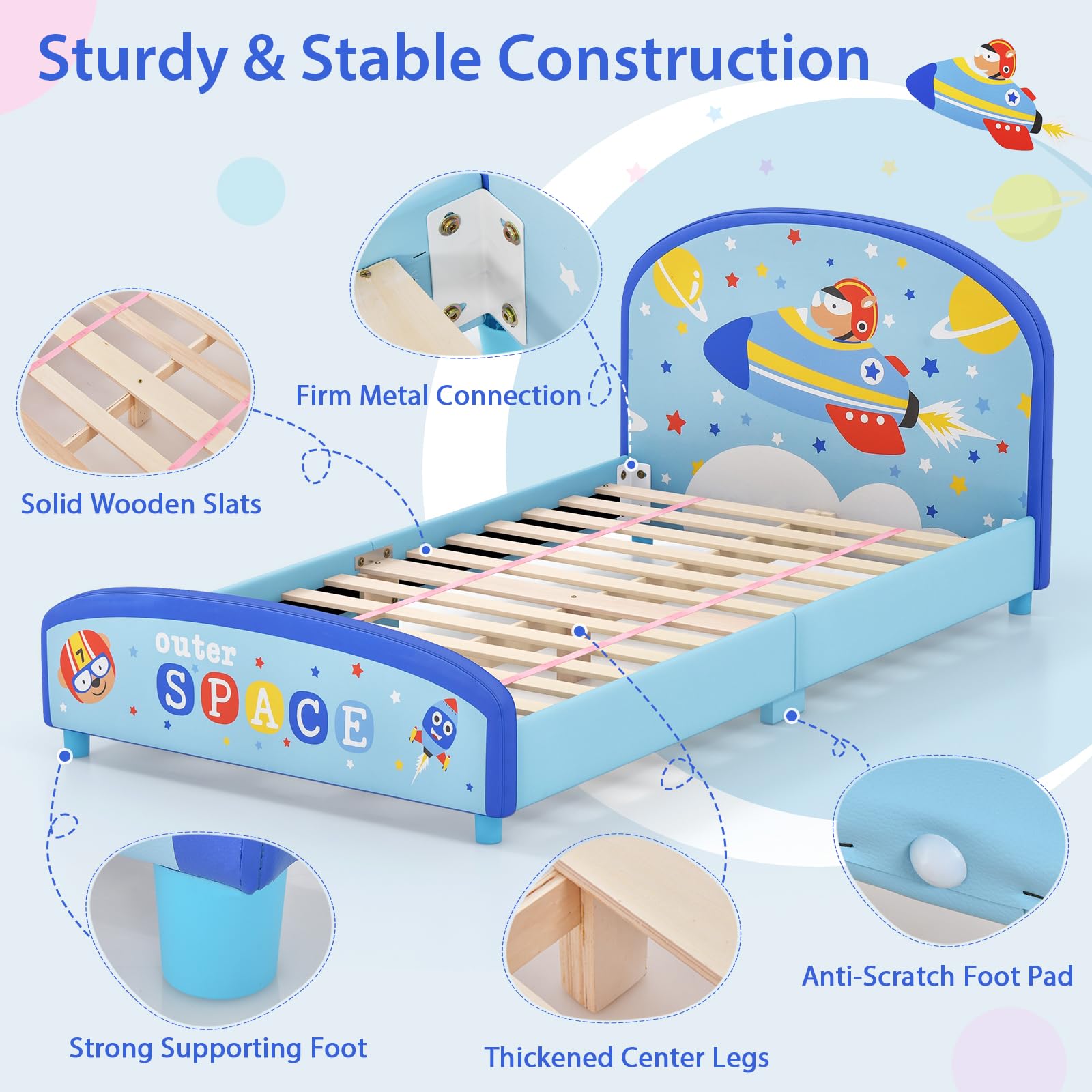 HOGEBABY Twin Bed Frames for Kids, Wood Upholstered Twin Bed Platform with Slat Support, Fits Standard Twin Mattress - Image 5
