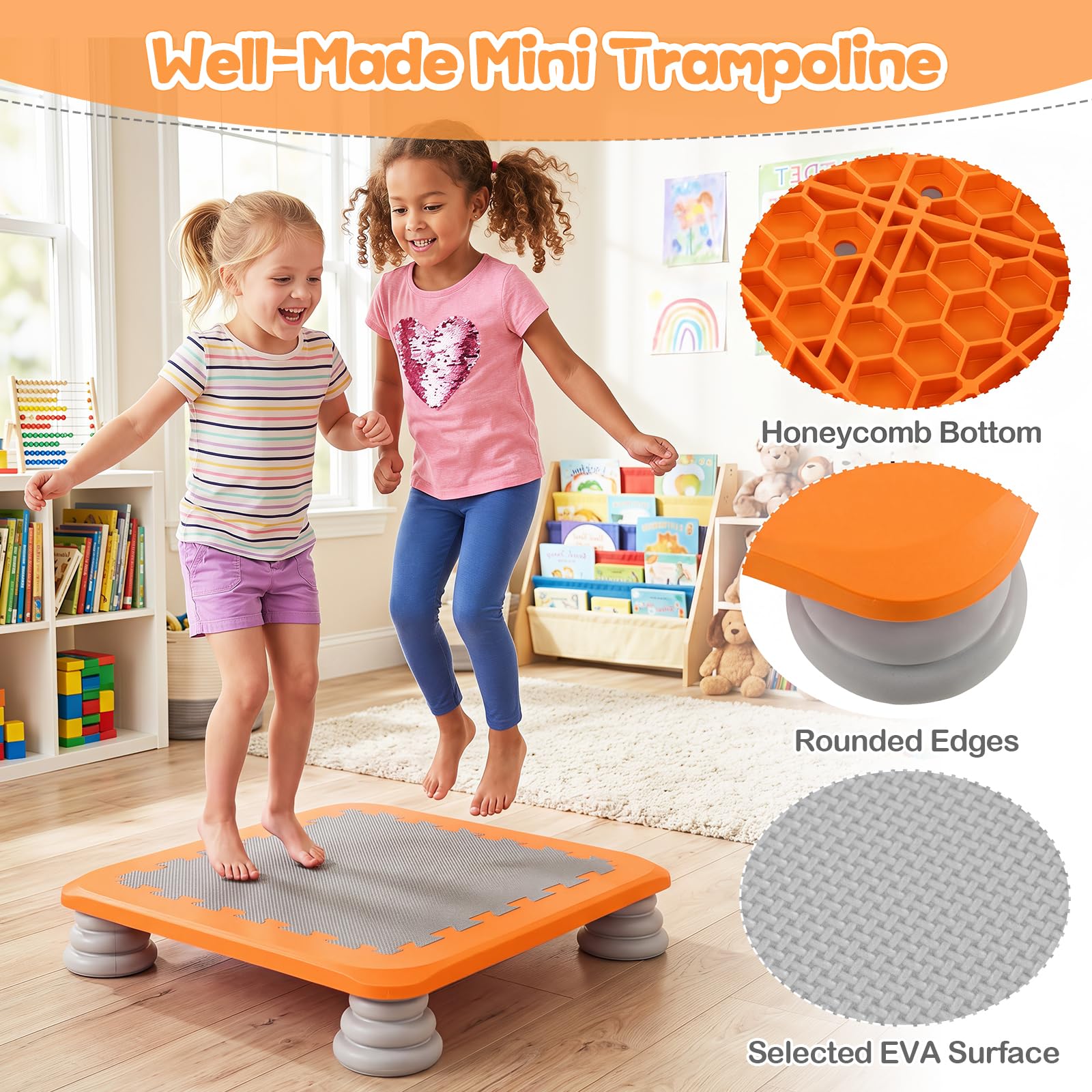HOGEBABY 25.5" Mini Trampoline for Kids Indoor & Outdoor | Square Bounce Board w/ 4 Non-Slip & Removable Foot Pads for Sensory Integration Training - Image 9