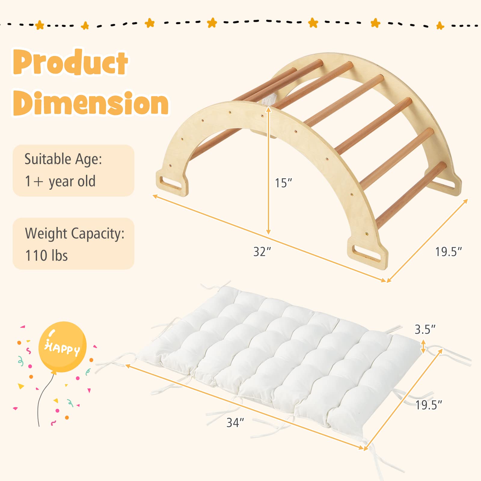 HOGEBABY Climbing Toys for Toddlers, 2-in-1 Montessori Wooden Arch Climber Ladder Structure with Cozy Cushion - Image 4