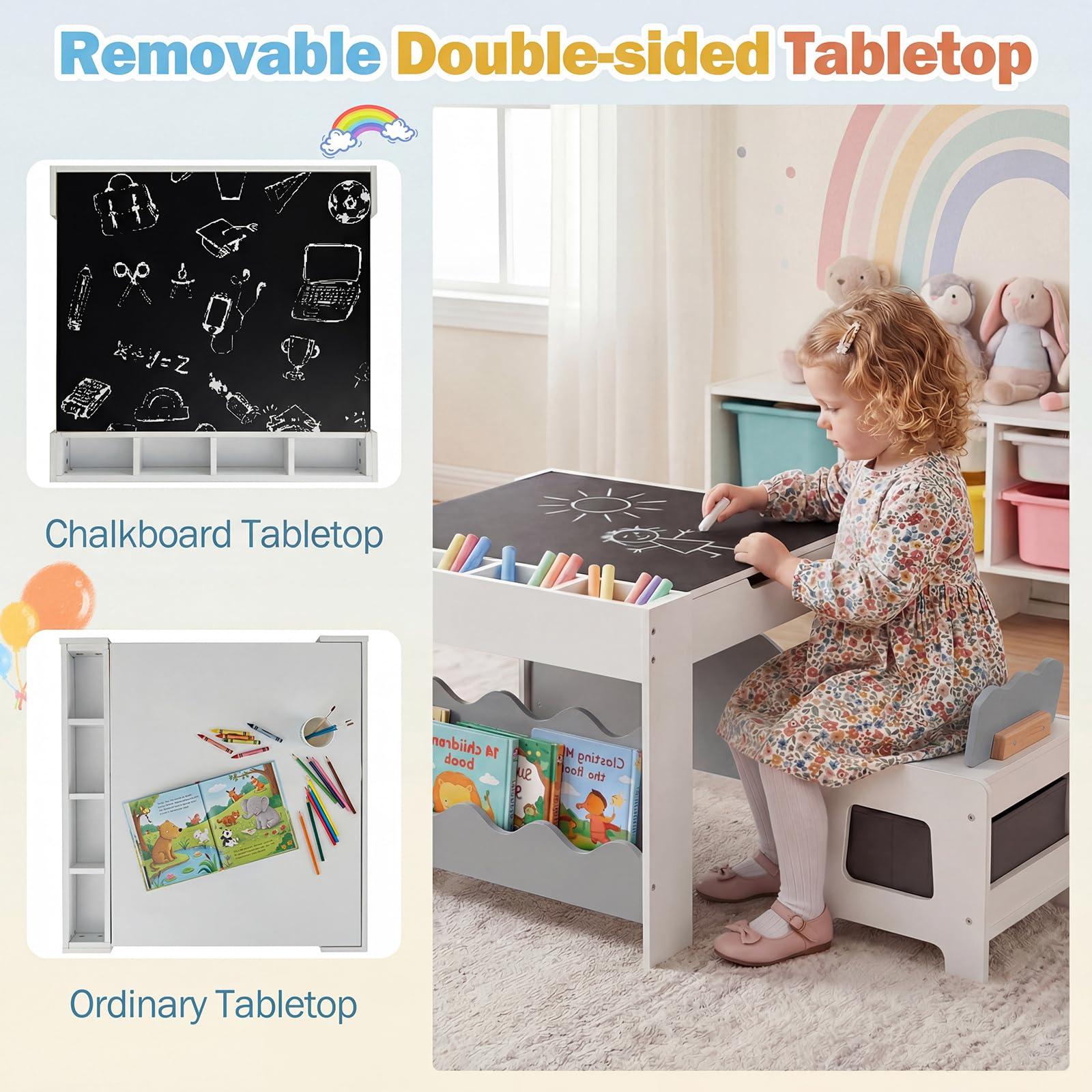 HOGEBABY Kids Table and Chairs | Wooden 4-in-1 Activity Desk Set w/Double-Sided Tabletop - Image 6