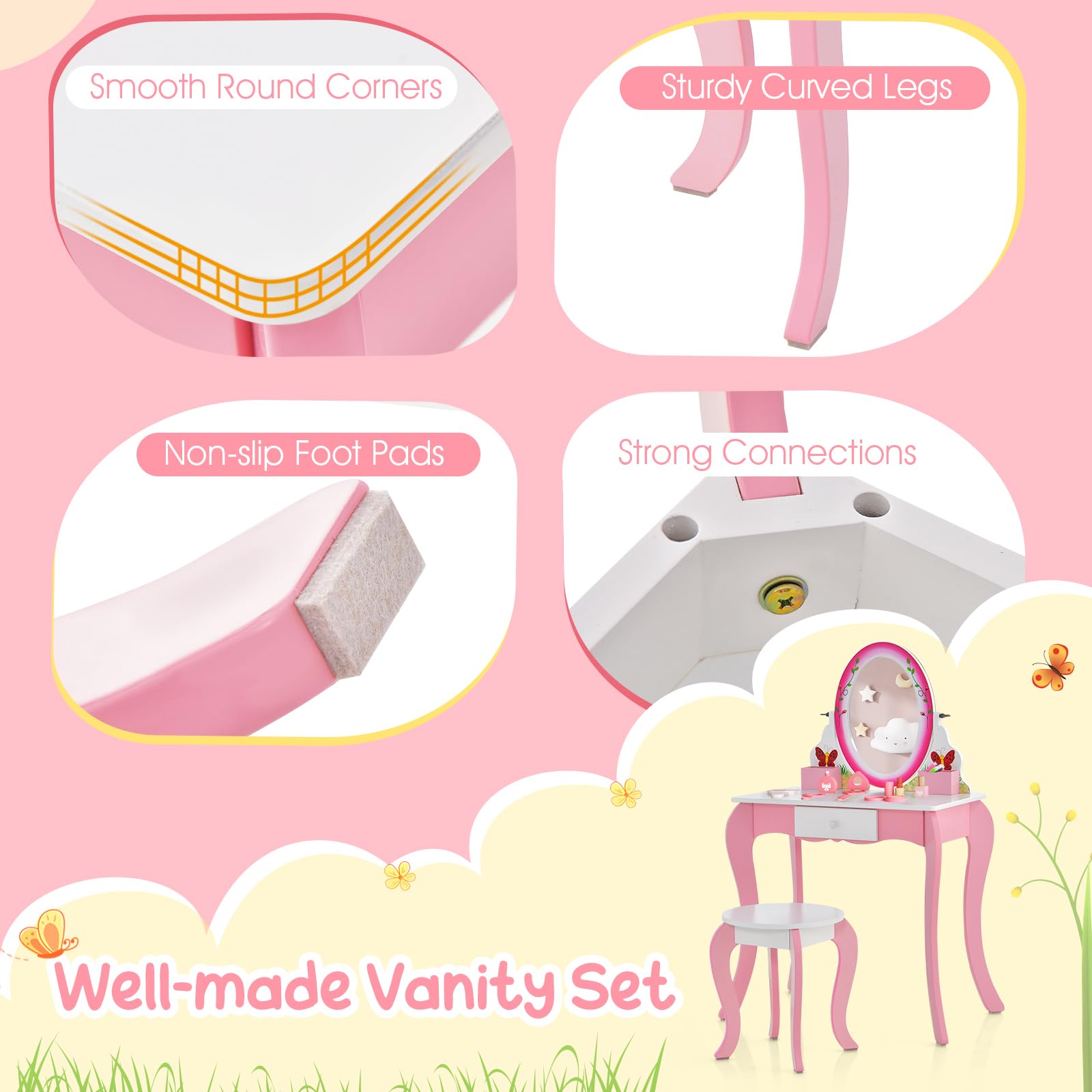 HOGEBABY Kids Vanity, Girls Vanity Set with Mirror and Stool, Drawer, Storage Grids - Image 5