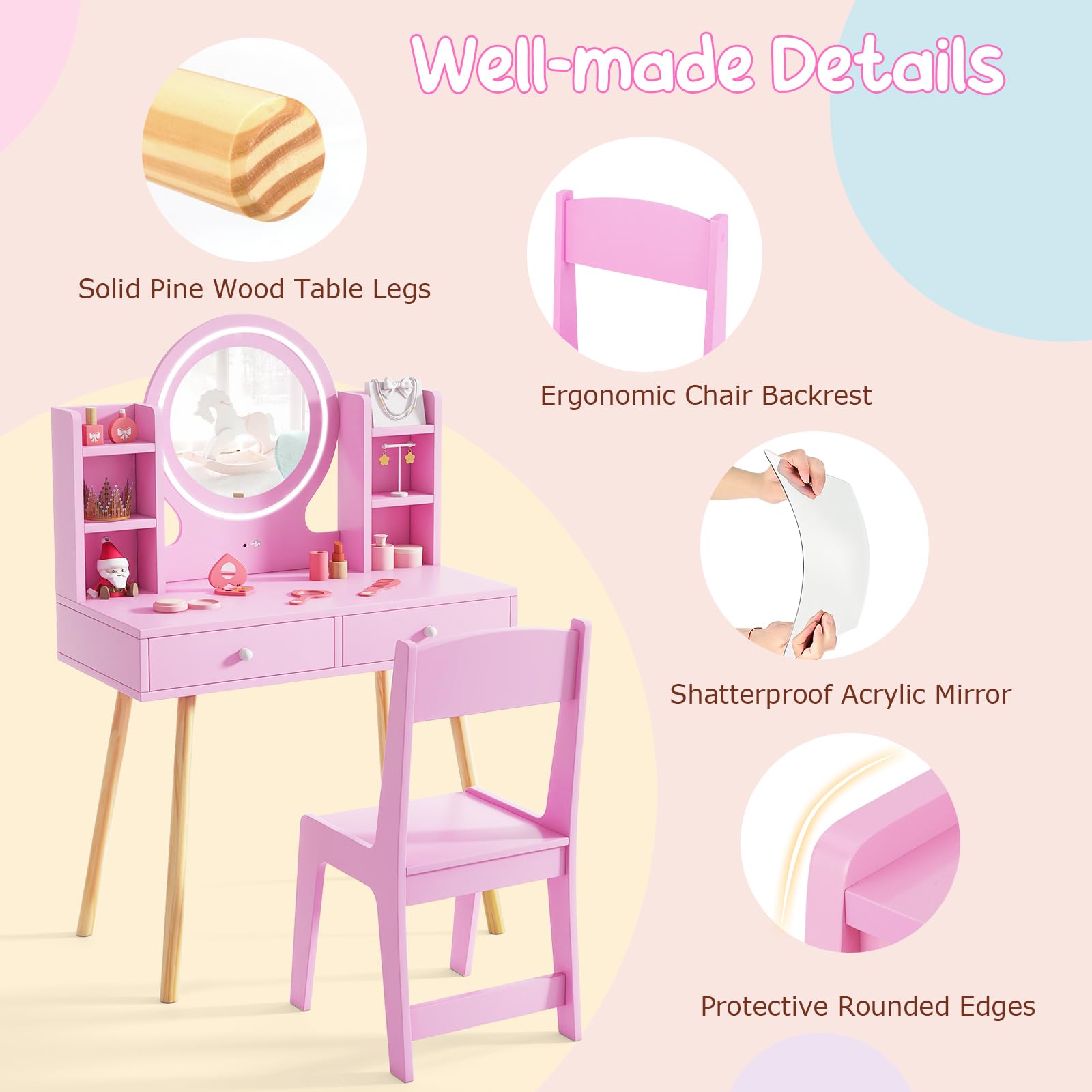HOGEBABY Kids Vanity, Girls Vanity Set with Mirror and Stool and Lights, Drawers, Storage Shelves - Image 5