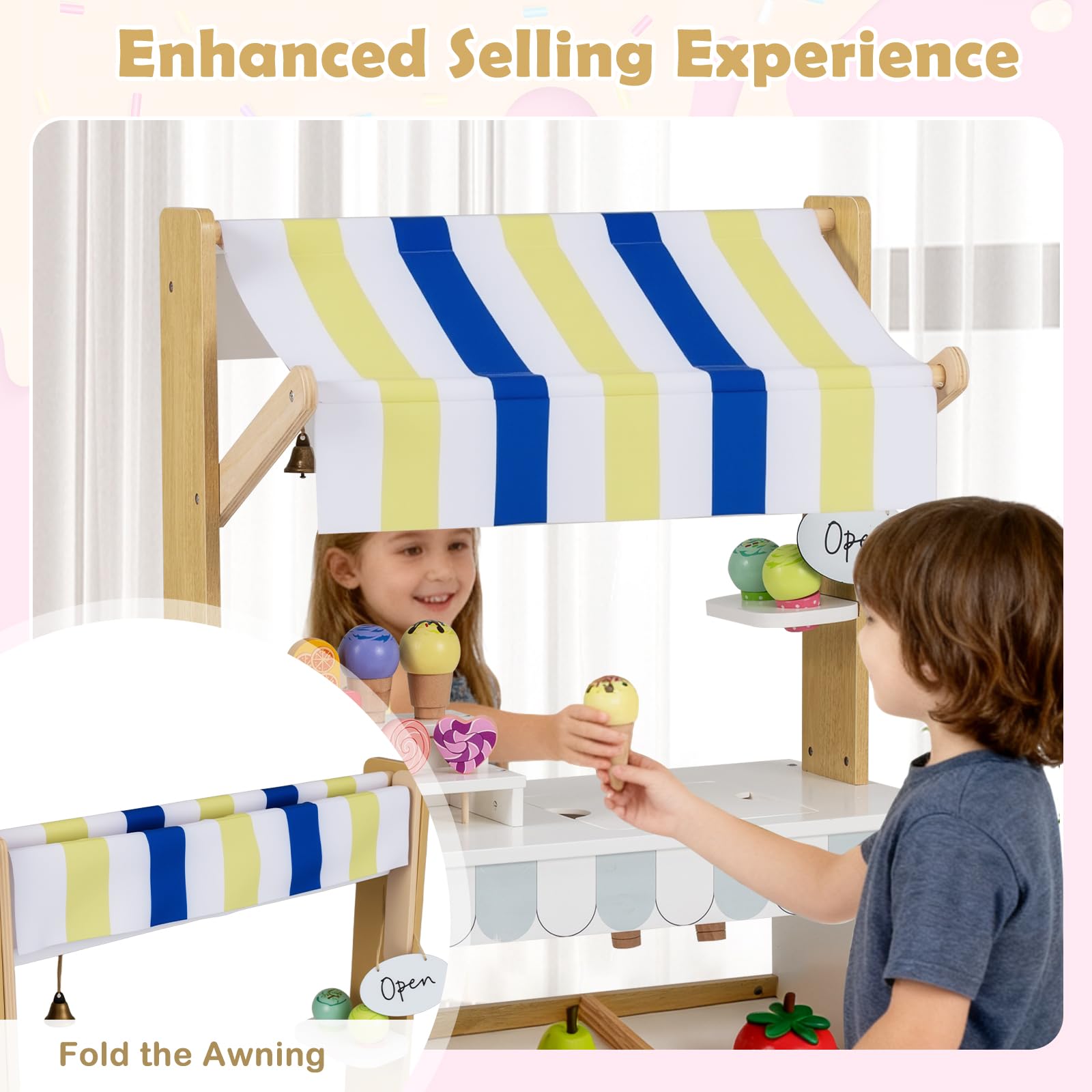 HOGEBABY 2 in 1 Wooden Grocery Store Playset w/Display Shelves - Image 4