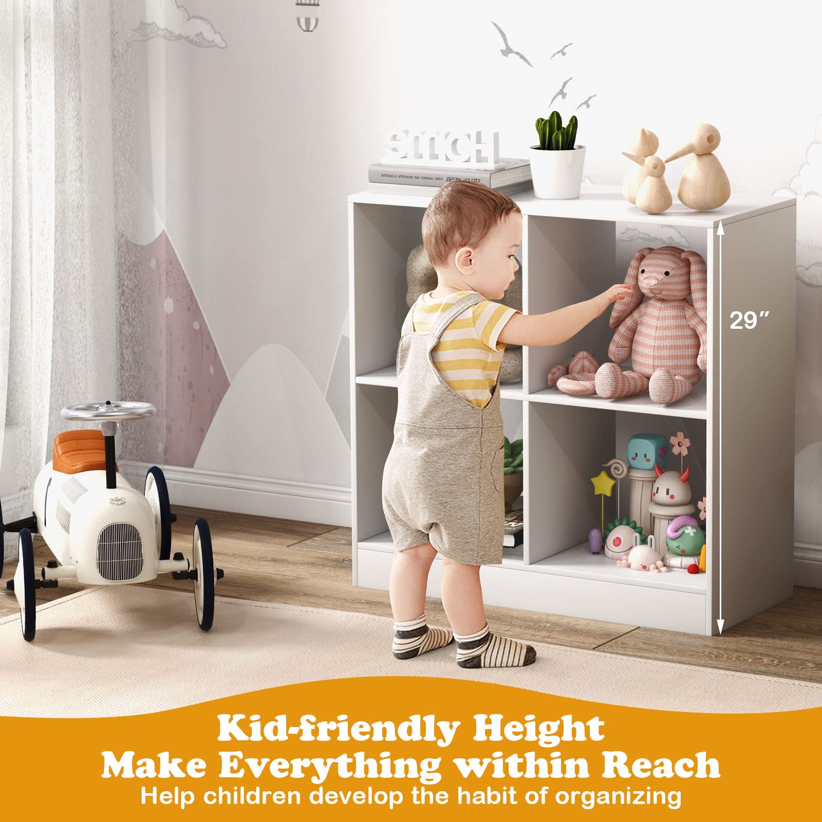 HOGEBABY Toy Organizers and Storage, Wooden White 4-Cube Kids Bookcase for Books Toys Display Organization - Image 4