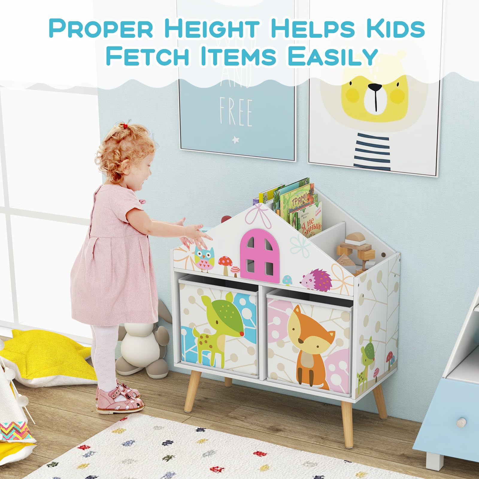 HOGEBABY Kids Dollhouse Bookcase, Wooden Toy Storage Cabinet, Children Bookshelf for Kids Room, Playroom - Image 3