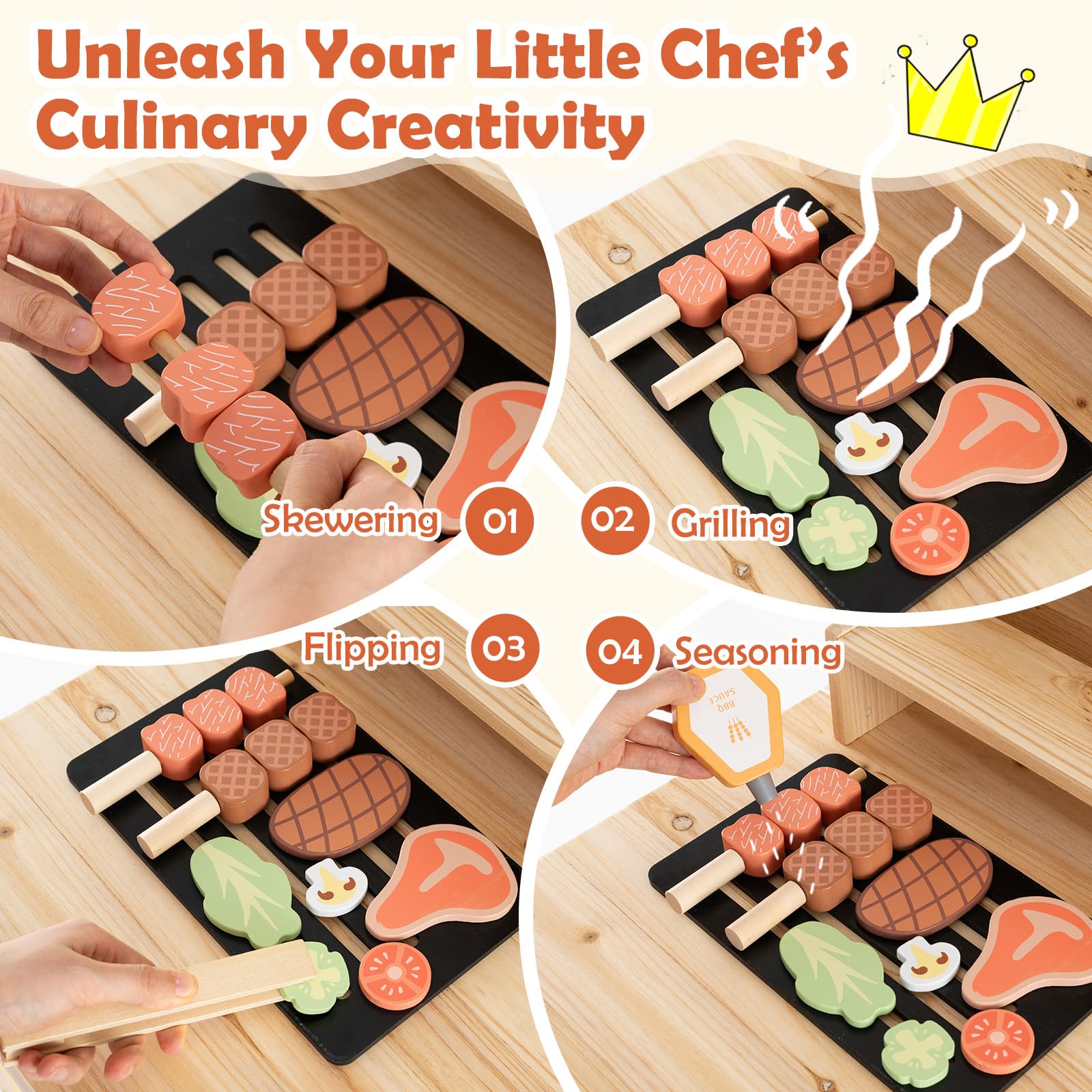 HOGEBABY Kids Grill Playset, Wooden Kids BBQ Grill Playset with Play FoodWith Shelf - Image 4