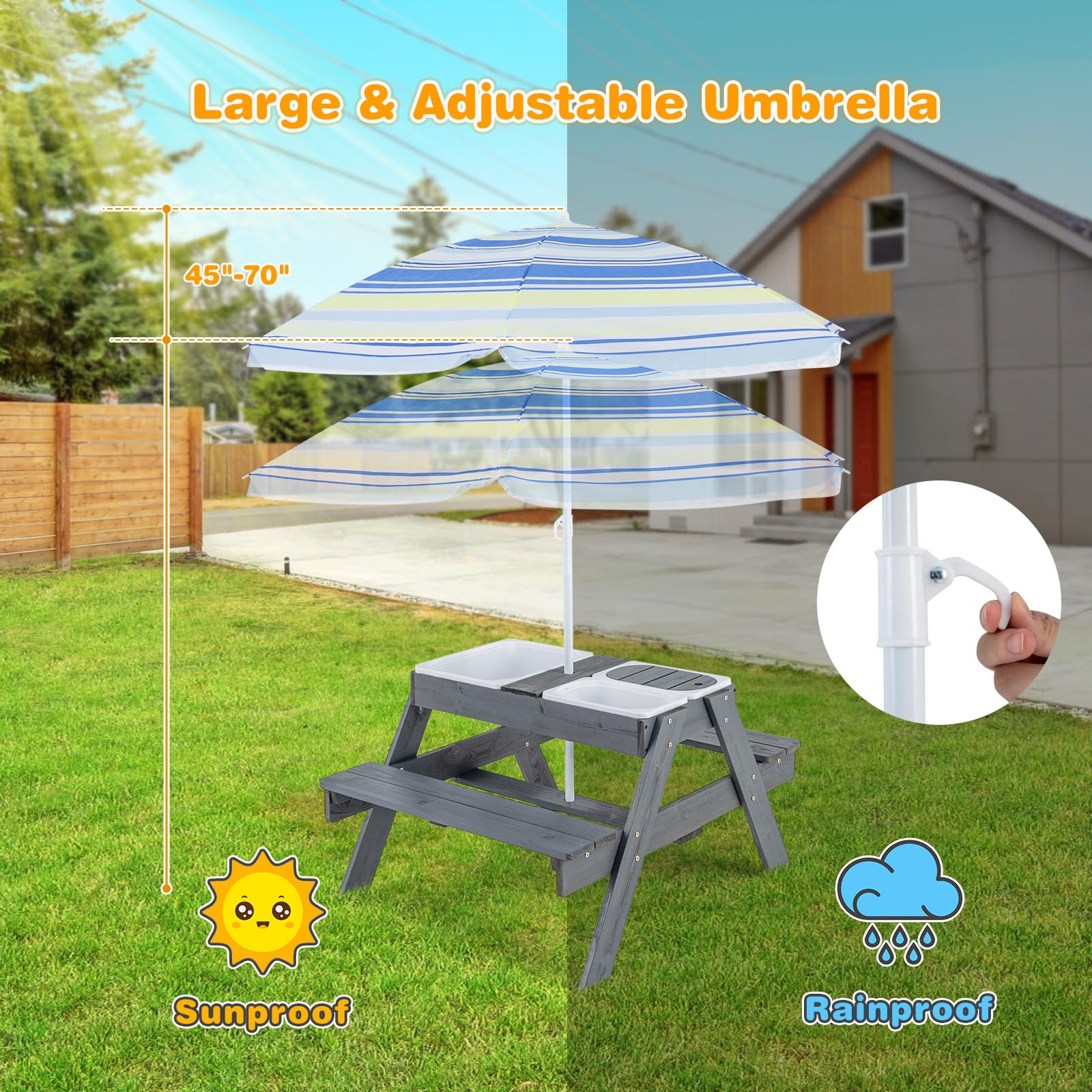 HOGEBABY Kids Picnic Table, 4 in 1 Sand & Water Table w/Adjustable Umbrella - Image 8