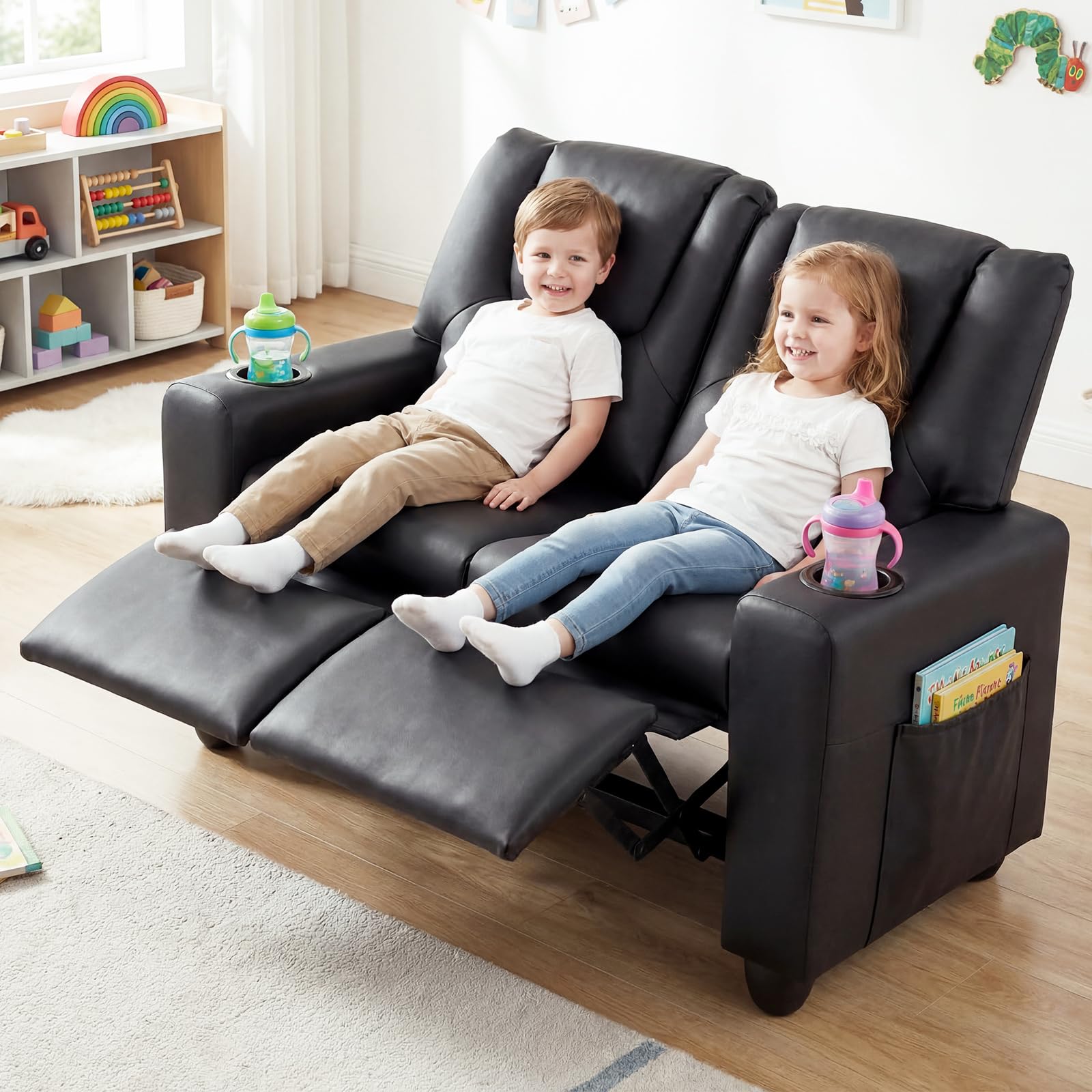 HOGEBABY 2-Seater Kids Recliner | PU Leather Kids Loveseat w/2 Cup Holders & 2 Side Storage Pockets - Image 6