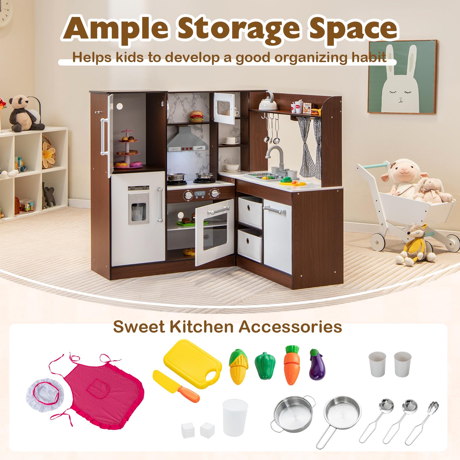 HOGEBABY Kids Corner Kitchen Playset, Toddler Pretend Toy Kitchen w/Sink & Faucet, Water Circulation System - Image 4