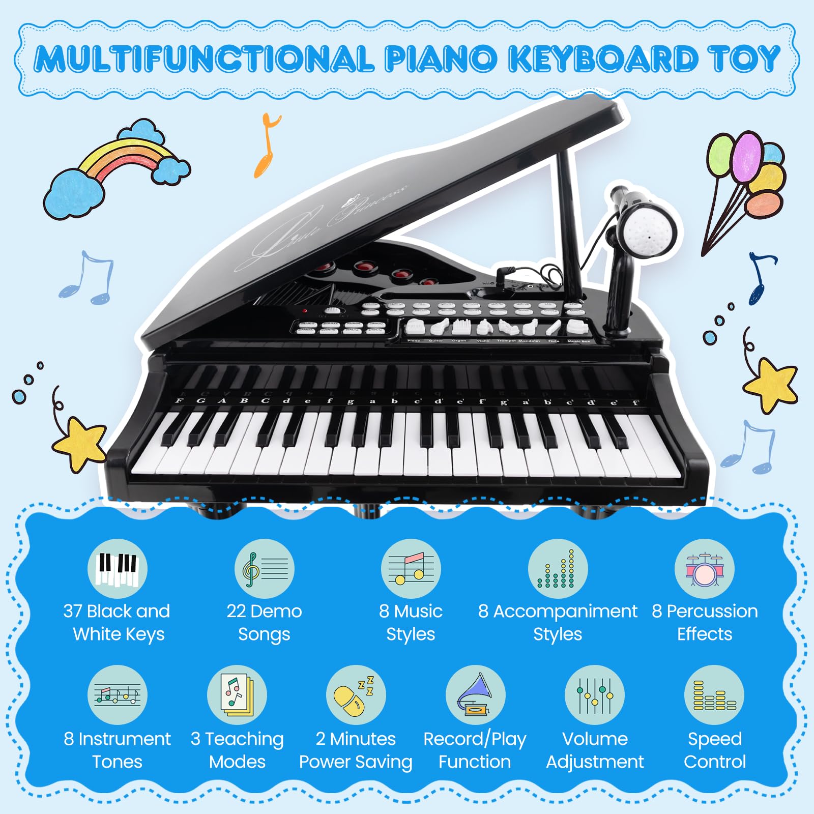 HOGEBABY Kids Piano, 37 Key Mini Grand Piano Toy Keyboard, Portable Electronic Piano Educational Musical Instrument Toy - Image 5