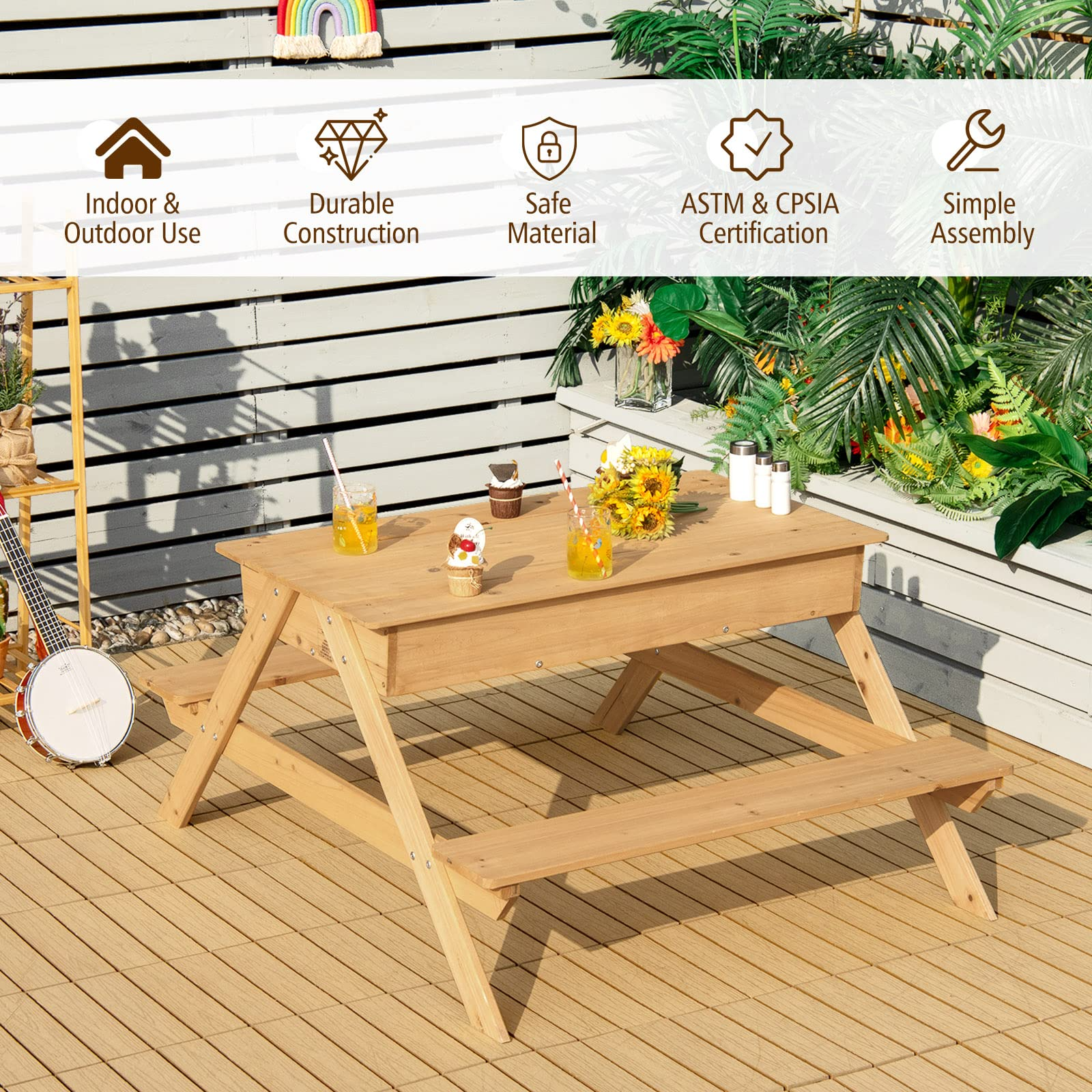 HOGEBABY Kids Picnic Table, 3 in 1 Multipurpose Sand & Water Table w/Removable Top & 2 Storage Boxes - Image 5