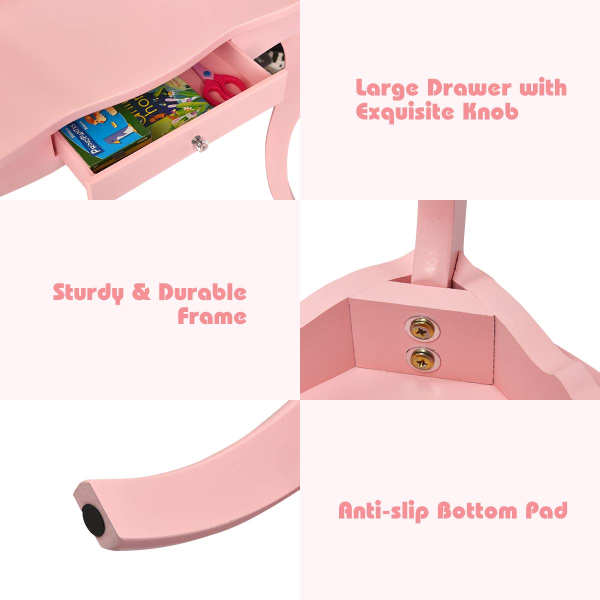 HOGEBABY Kids Wooden Vanity Table & Stool Set, 2 in 1 Detachable Design with Dressing Table and Writing Desk (Pink) - Image 4