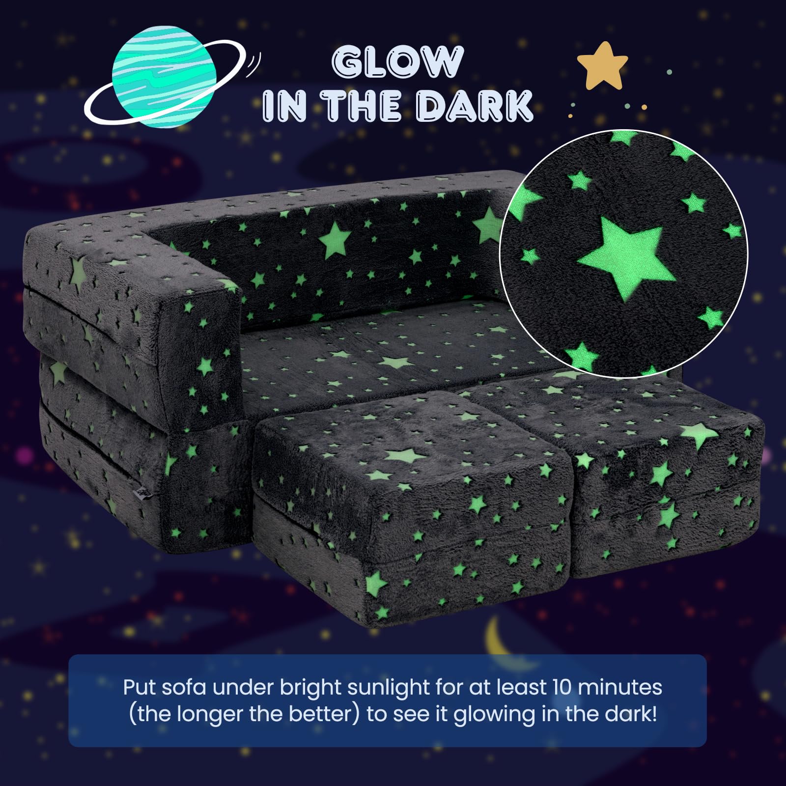 HOGEBABY Kids Couch Set Convertible, 2 Seat Toddler Chair Glow in The Dark, Fold Out Children Sofa Couch - Image 5