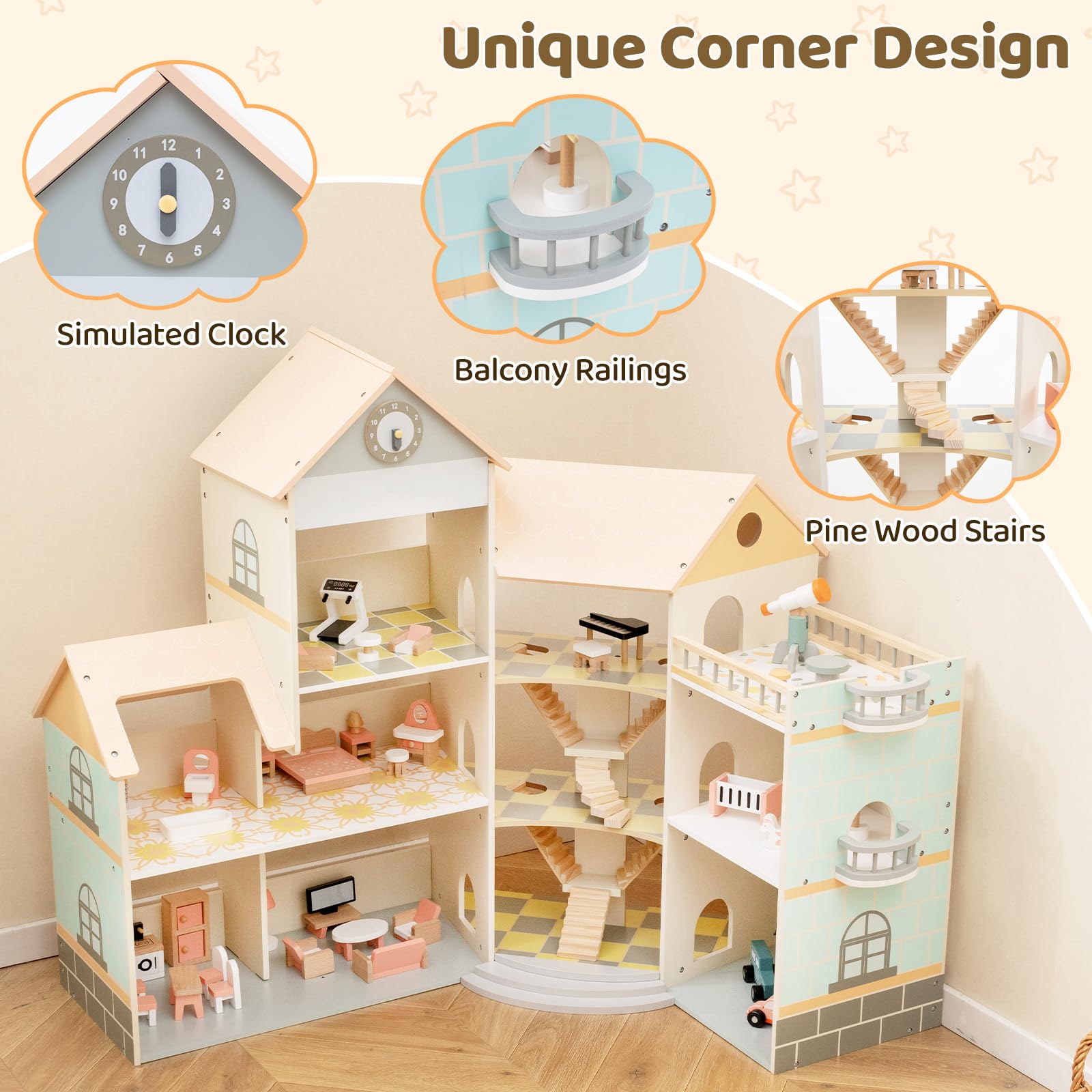 HOGEBABY Wooden Dollhouse for Kids, 3-Story Luxury Doll House, DIY Pretend Dollhouse Playset - Image 3