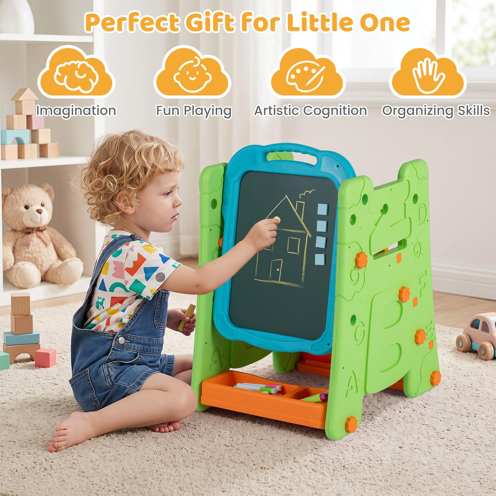 HOGEBABY 4 in 1 Art Easel for Kids | Chalkboard & Whiteboard w/ Book Rack & Art Accessories - Image 2