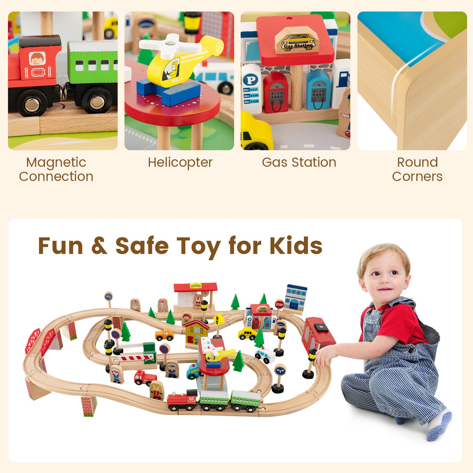 HOGEBABY Train Table, 3-in-1 Wooden Train Set Table with Reversible 84 PCS Track Train Toys, Kids Activity Table for Toddlers - Image 5