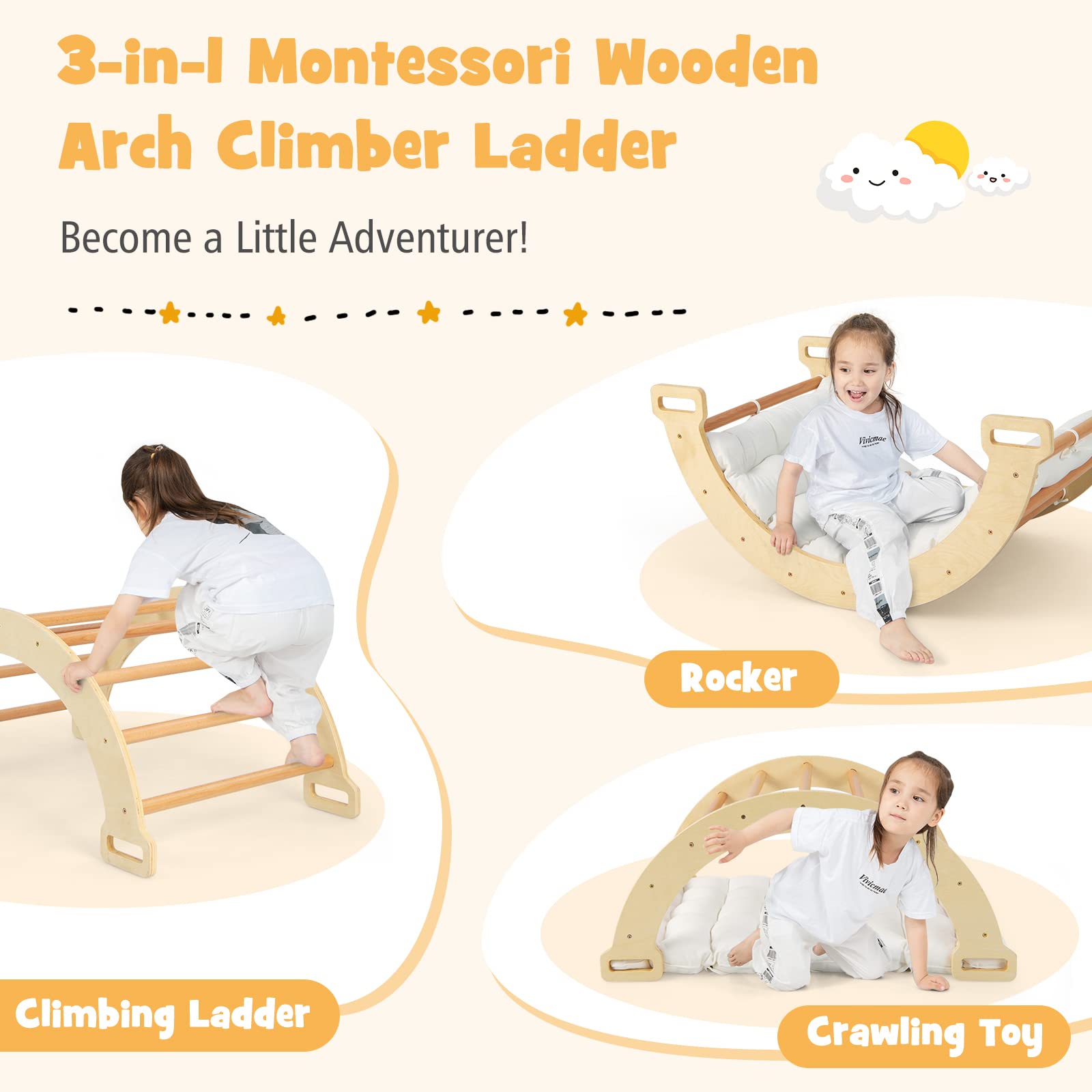 HOGEBABY Climbing Toys for Toddlers, 2-in-1 Montessori Wooden Arch Climber Ladder Structure with Cozy Cushion - Image 5