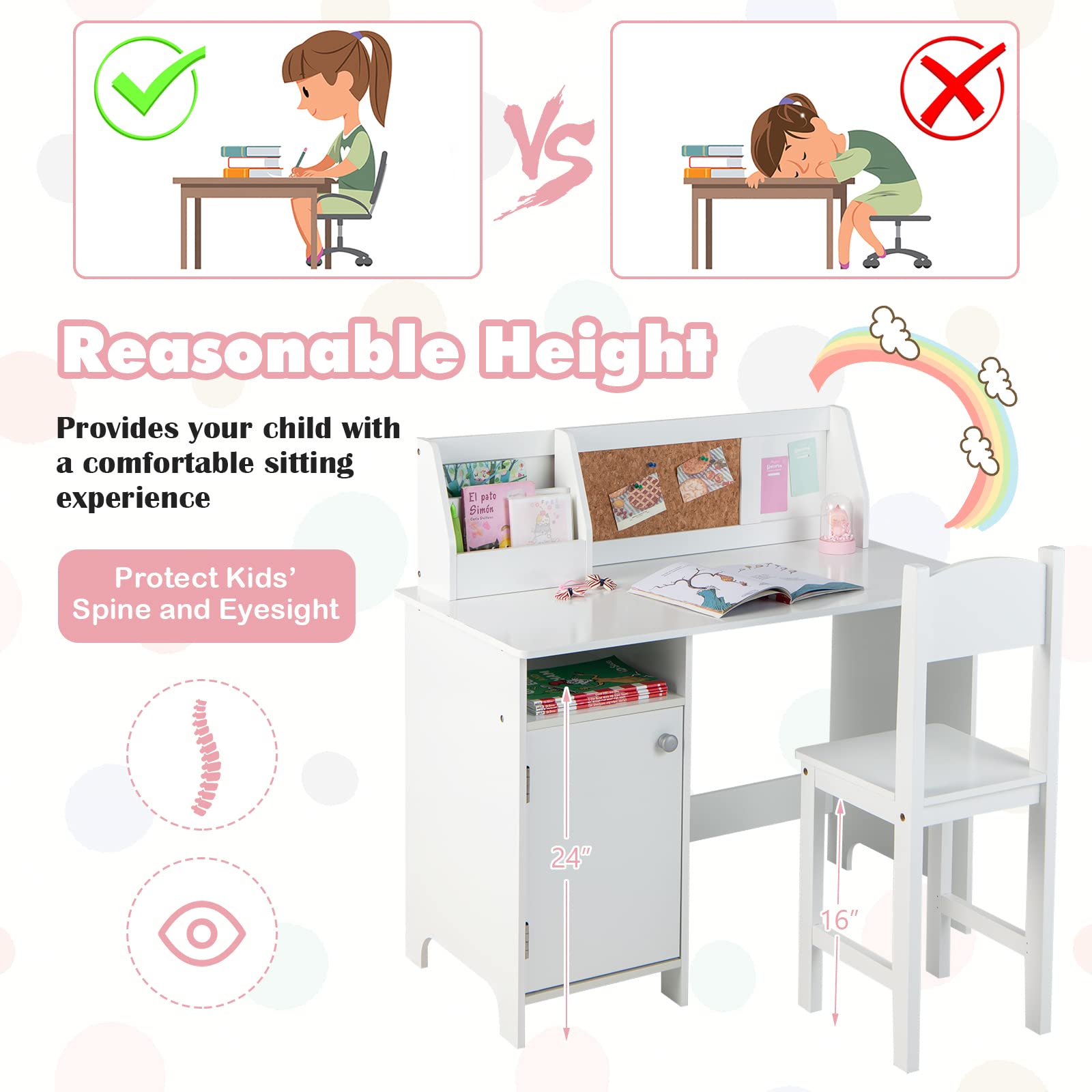 HOGEBABY Kids Desk and Chair Set, Wooden Children Study Table with Hutch - Image 5
