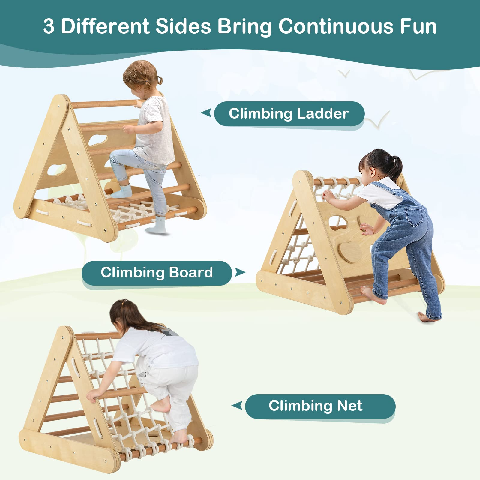 HOGEBABY 4 in 1 Climbing Toy for Toddlers, 3-Sided Montessori Wooden Triangle Climber with Sliding Ramp, Climbing Net & Board - Image 5