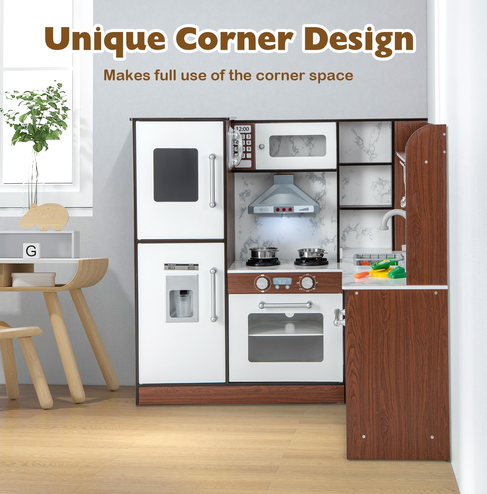 HOGEBABY Kids Corner Kitchen Playset, Toddler Pretend Toy Kitchen w/Sink & Faucet, Water Circulation System - Image 5
