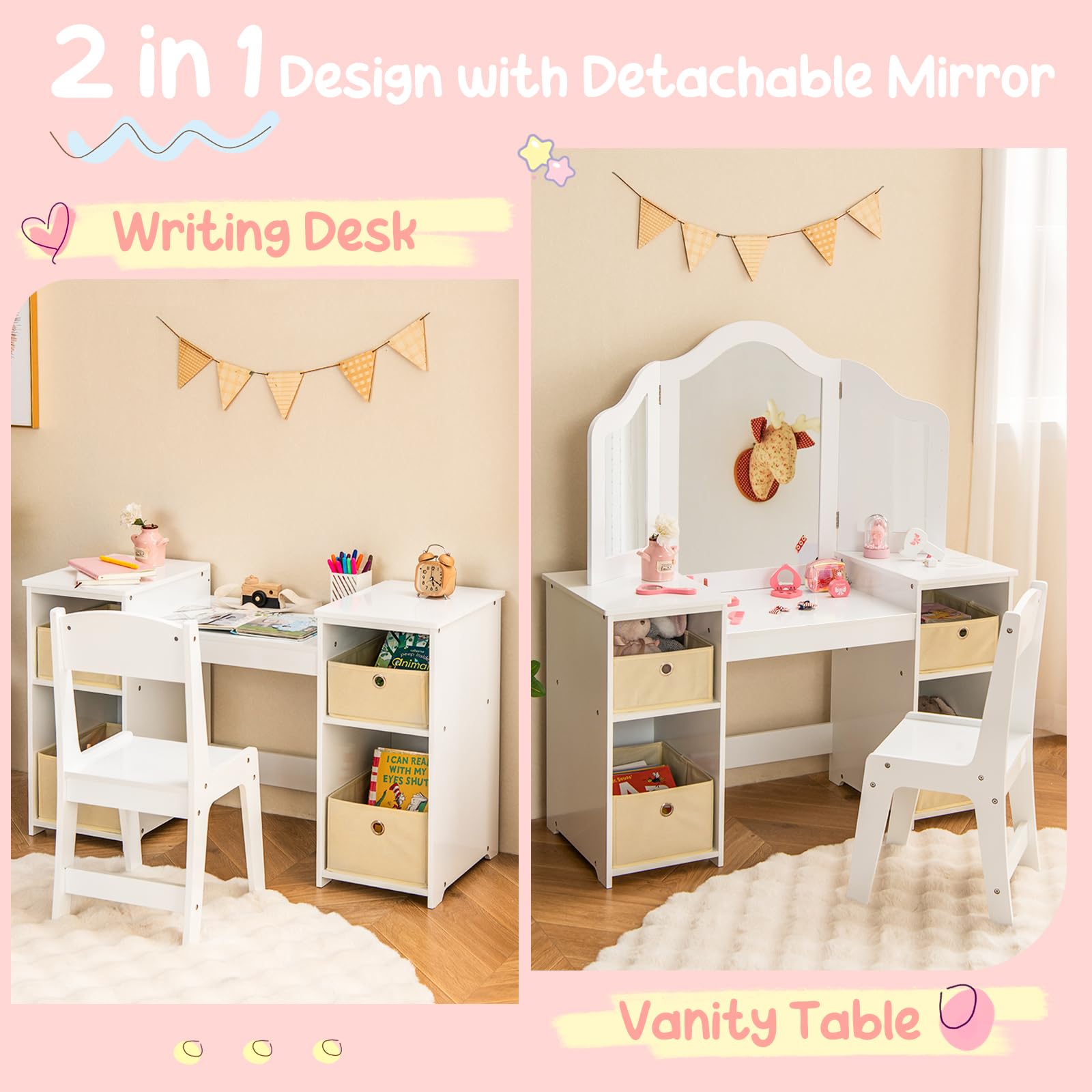 HOGEBABY Kids Vanity, 2 in 1 Princess Makeup Desk & Chair Set with Tri-Folding Mirror, 4 Storage Bins - Image 6