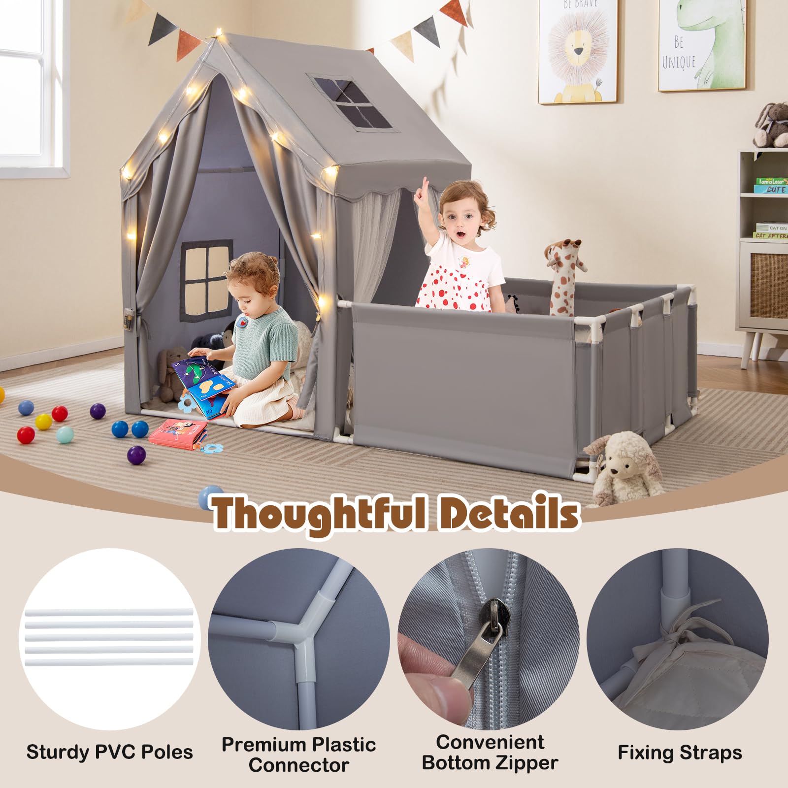 HOGEBABY 2 in 1 Kids Play Tent Indoor Large Toddler Pretend Playhouse w/Playpen - Image 5
