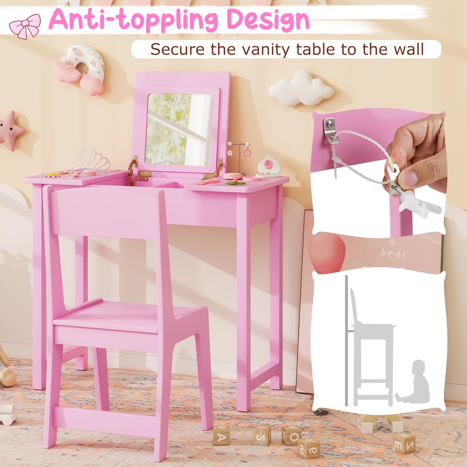 HOGEBABY Kids Vanity, 2 in 1 Girls Vanity Set with Flip Top Mirror, Hidden Storage Space - Image 5