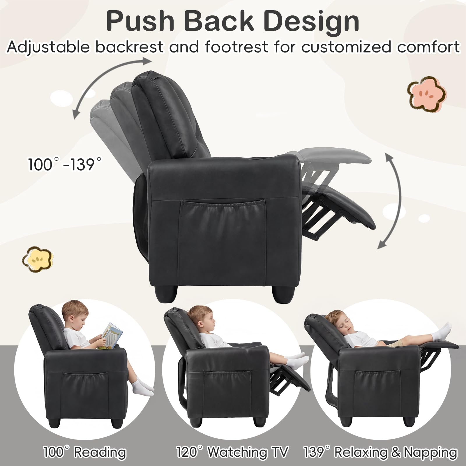 HOGEBABY 2-Seater Kids Recliner | PU Leather Kids Loveseat w/2 Cup Holders & 2 Side Storage Pockets - Image 7