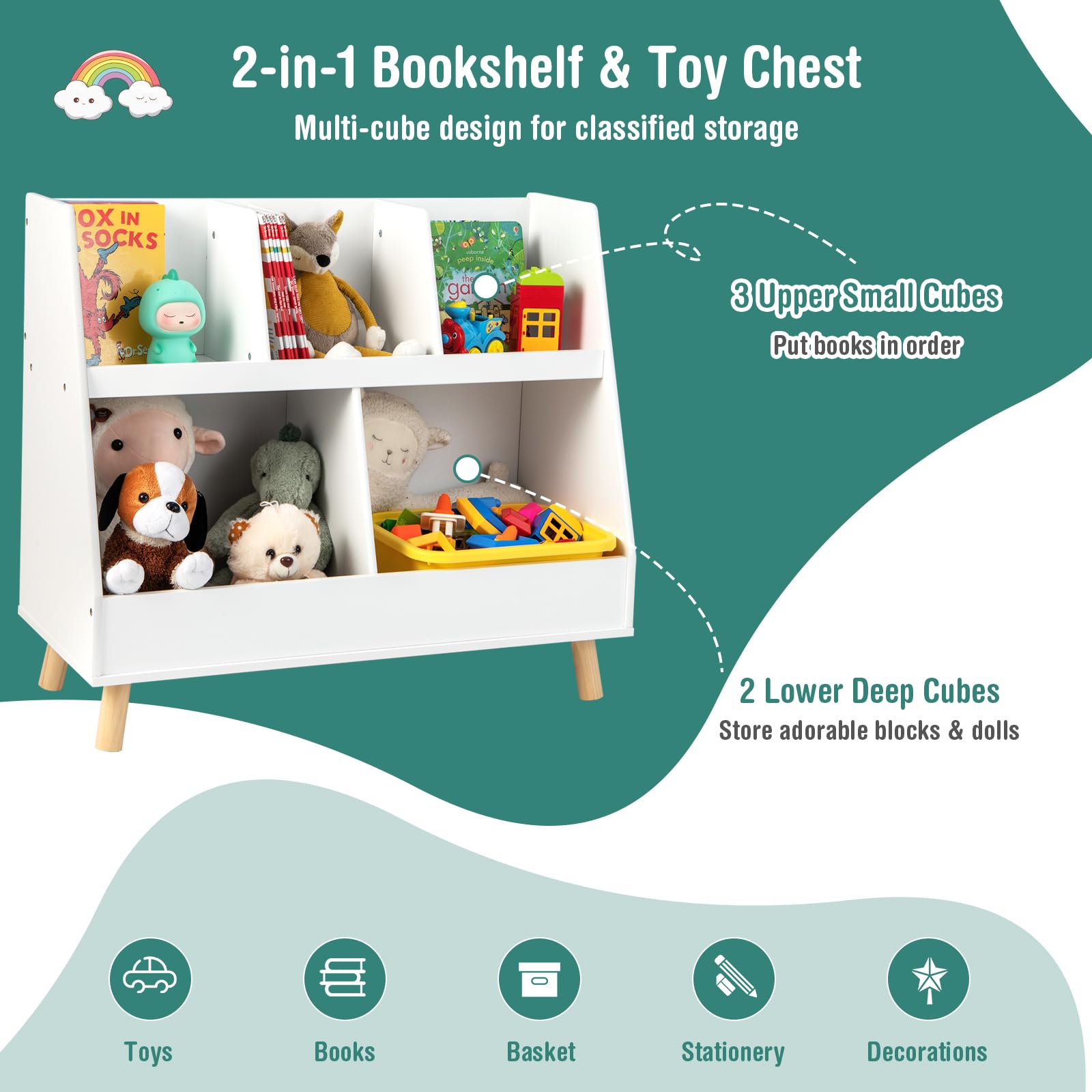 HOGEBABY Toy Organizers and Storage with Bookshelf, 5 Cubbies Wooden Toy Cabinet and Montessori Bookcase w/Solid Legs - Image 6