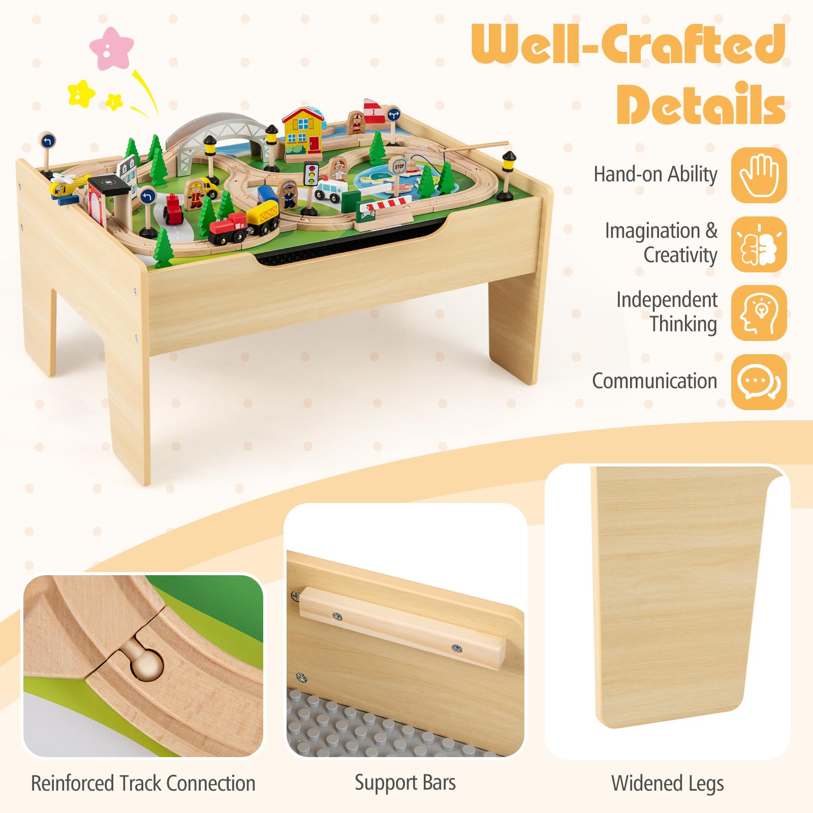 HOGEBABY Train Table 5 in 1 Kids Activity Wooden Set w/ 78 Pieces Railway Playset - Image 6