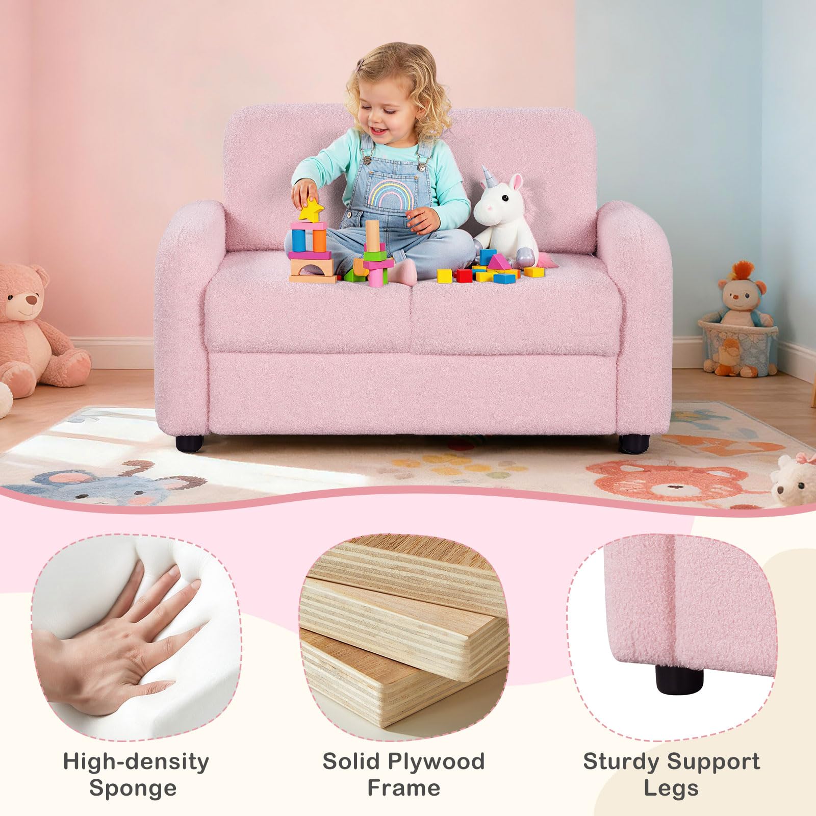 HOGEBABY Kids Pink Couch Toddler Armrest Chair w/Teddy Fleece Upholstery & Solid Wooden Frame - Image 5
