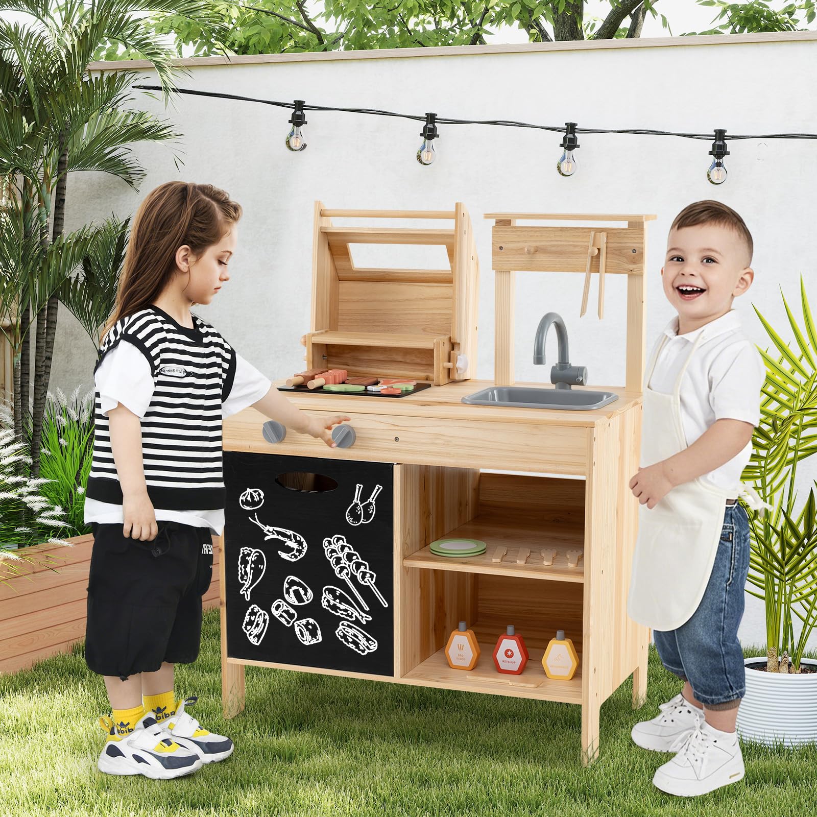 HOGEBABY Kids Grill Playset with Chalkboard, Wooden Kids BBQ Grill Playset with Play FoodWith Blackboard - Image 5