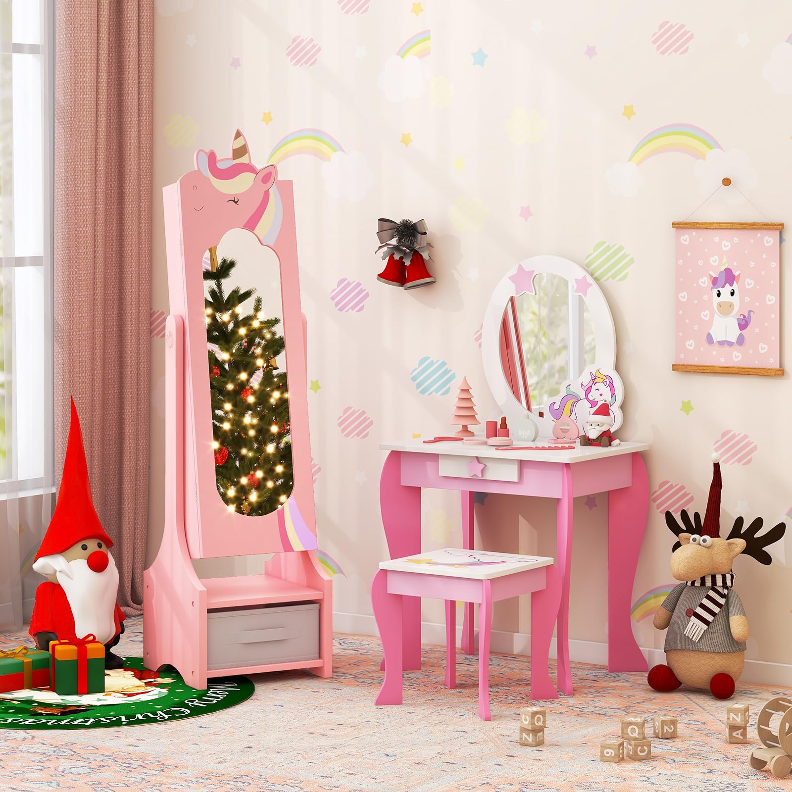 HOGEBABY Kids Vanity & Jewelry Armoire Cabinet, Pretend Play Kids Vanity Table and Chair Set - Image 5