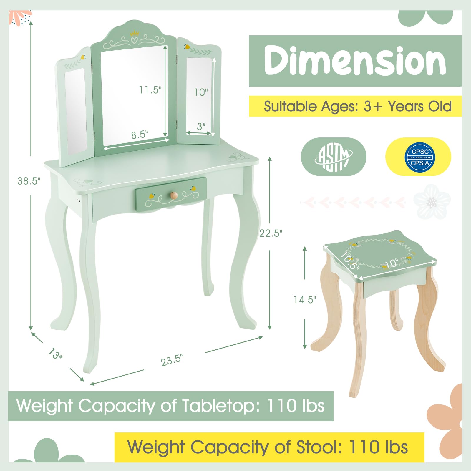 HOGEBABY Kids Vanity Set, 2 in 1 Princess Makeup Dressing Table & Chair Set w/Detachable Tri-fold Mirror - Image 7