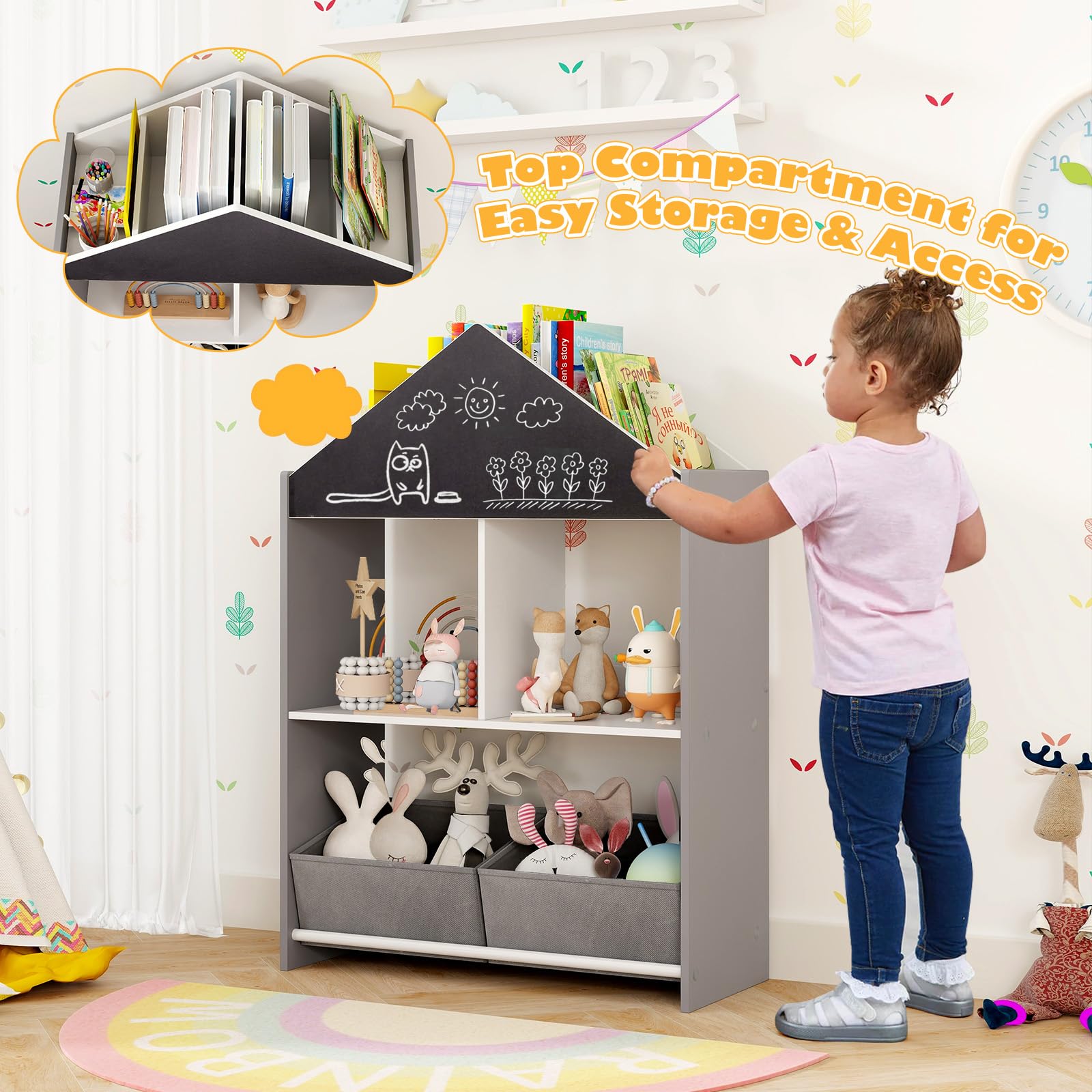 HOGEBABY Kids Bookshelf, Wooden Dollhouse Bookcase with Blackboard, Whiteboard - Image 6