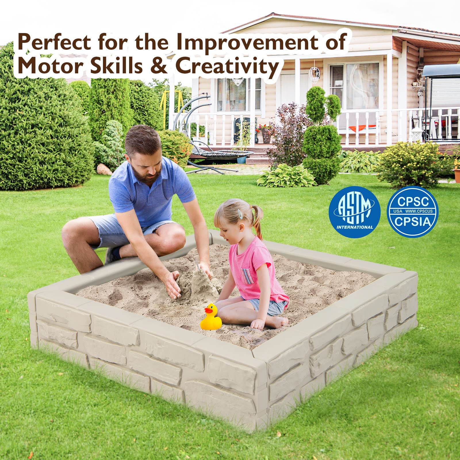 HOGEBABY Kids Sandbox with Cover, 47"x 47" HDPE Sandpit with Oxford Cover, Bottom Liner - Image 11