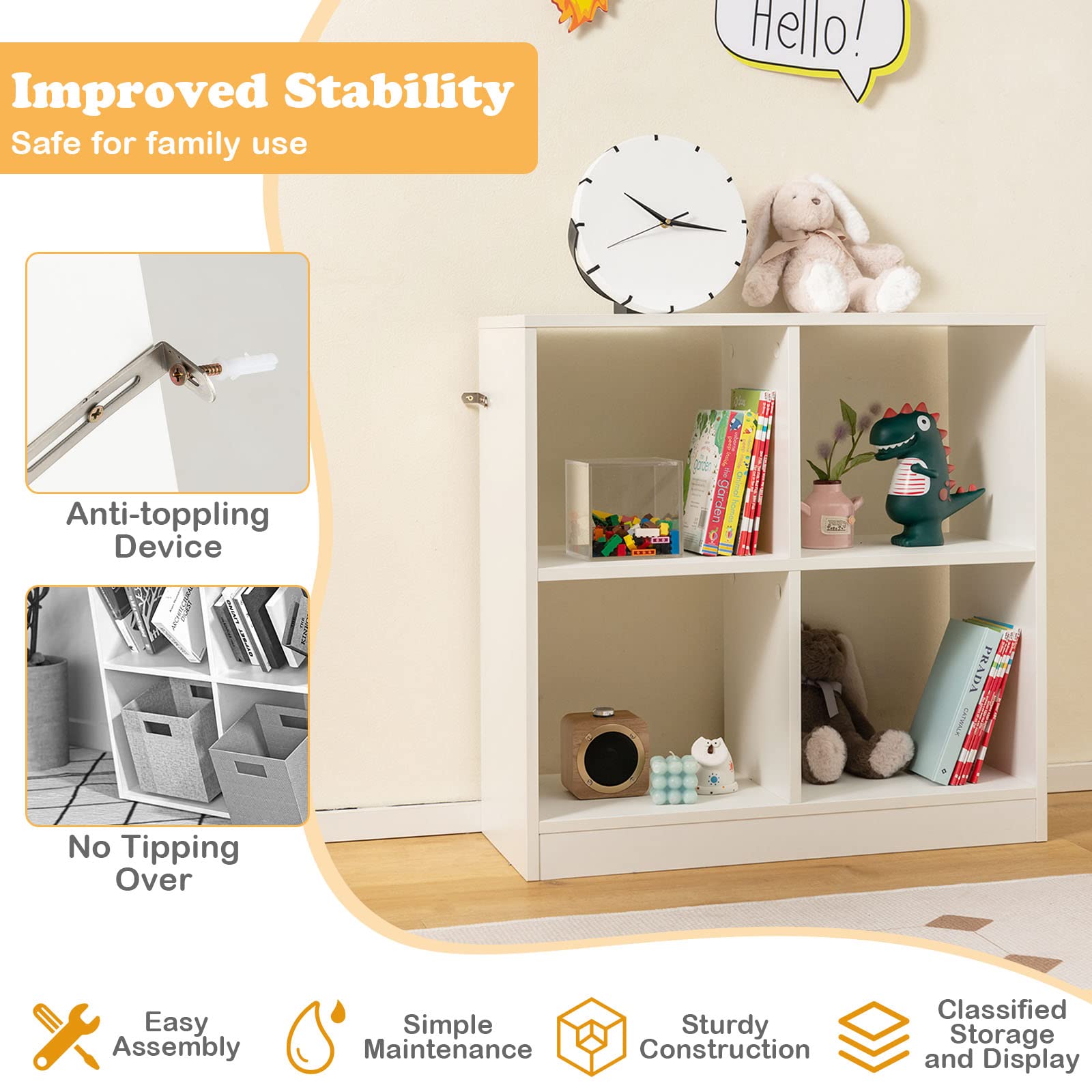 HOGEBABY Toy Organizers and Storage, Wooden White 4-Cube Kids Bookcase for Books Toys Display Organization - Image 5
