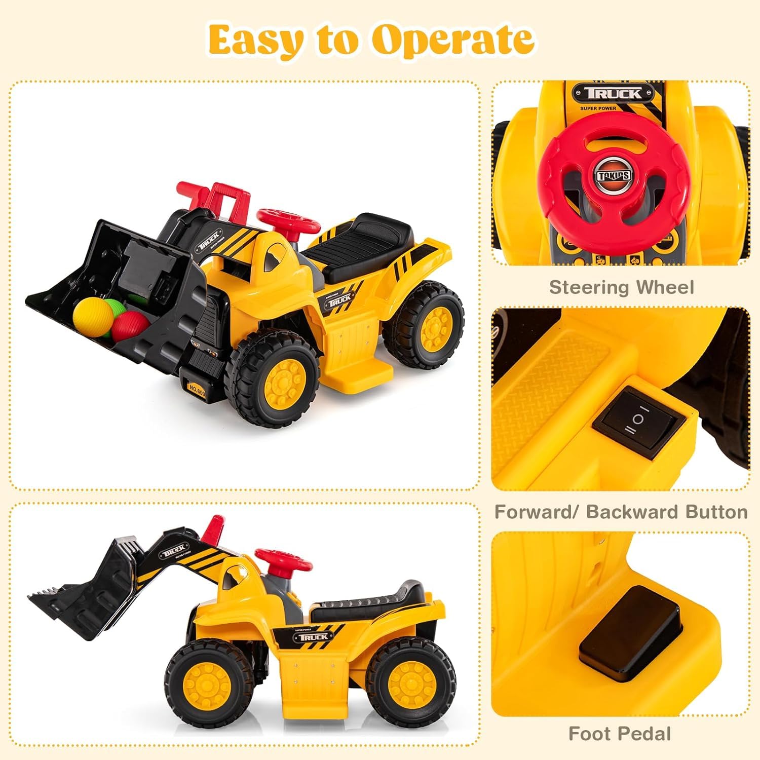 HOGEBABY 2-in-1 Ride on Excavator Bulldozer & Ride on Push Car (6V) - Image 5