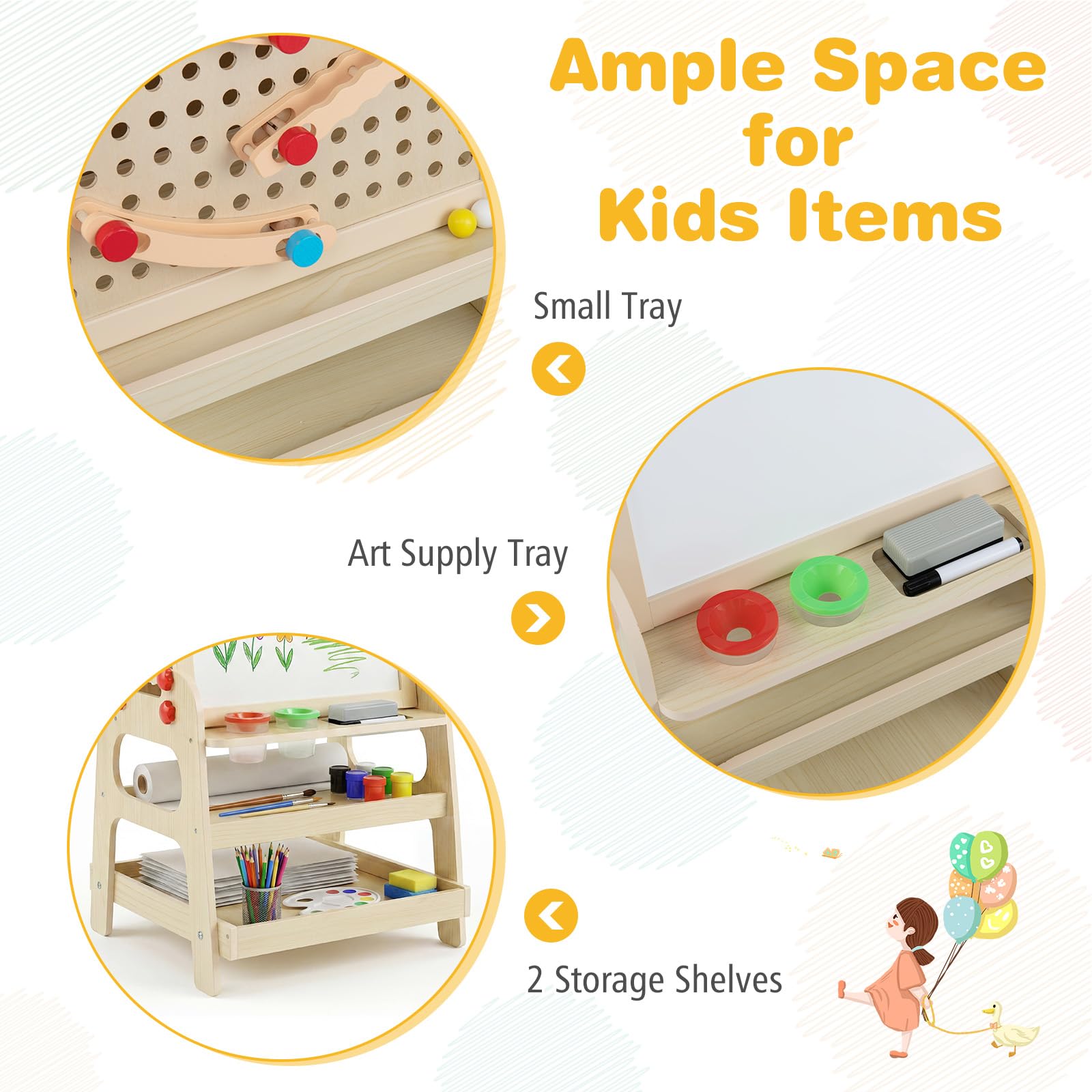 HOGEBABY 2-in-1 Wooden Art Easel w/Magnetic Whiteboard & Marble Run Game - Image 5