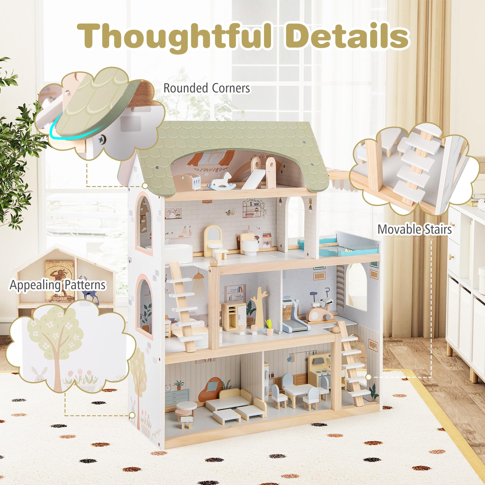 HOGEBABY Wooden Dollhouse Kids DIY Pretend Playhouse w/ 33 PCS Furniture Accessories - Image 6