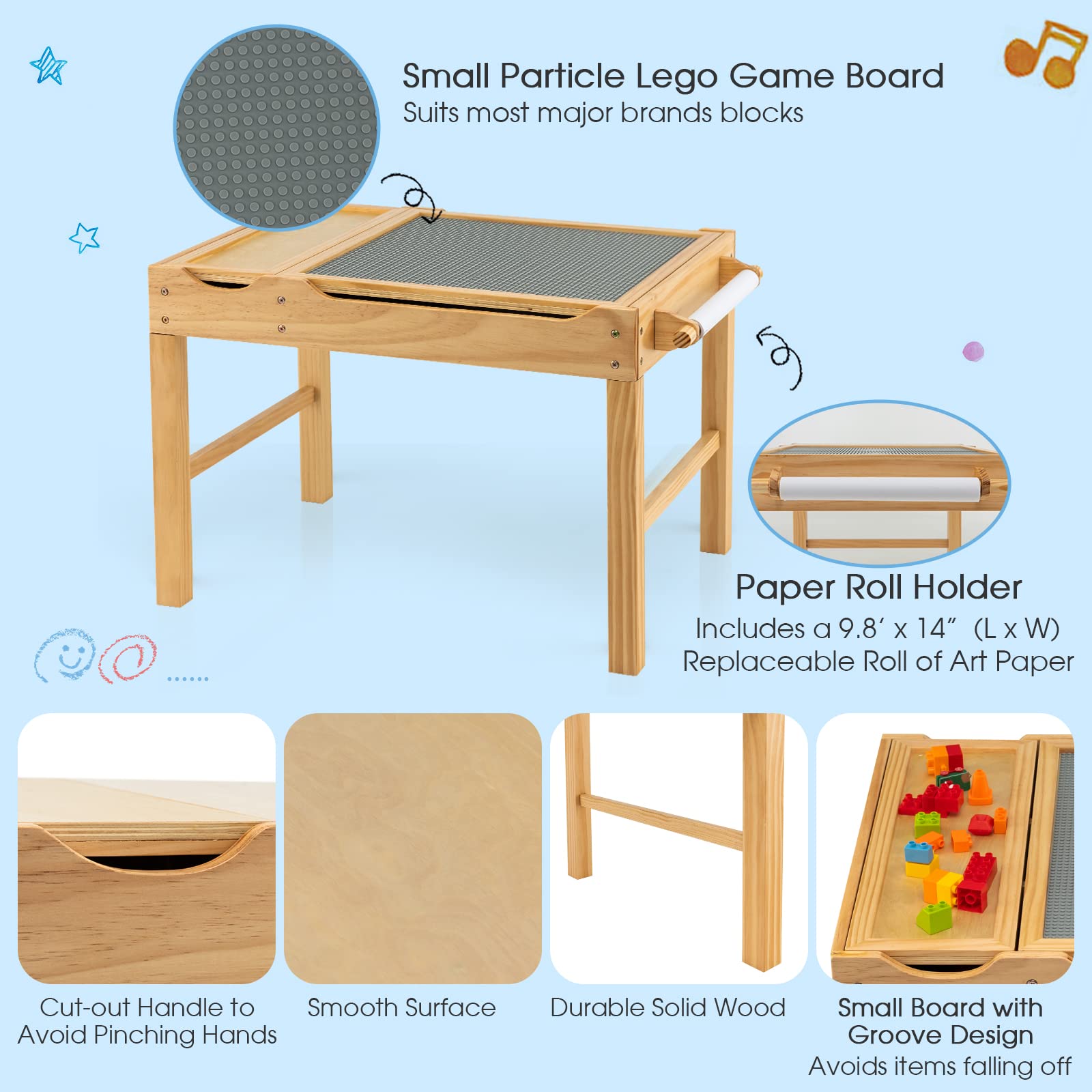 HOGEBABY Kids Table, 3 in 1 Wood Building Block Desk w/Storage, Paper Roll - Image 5