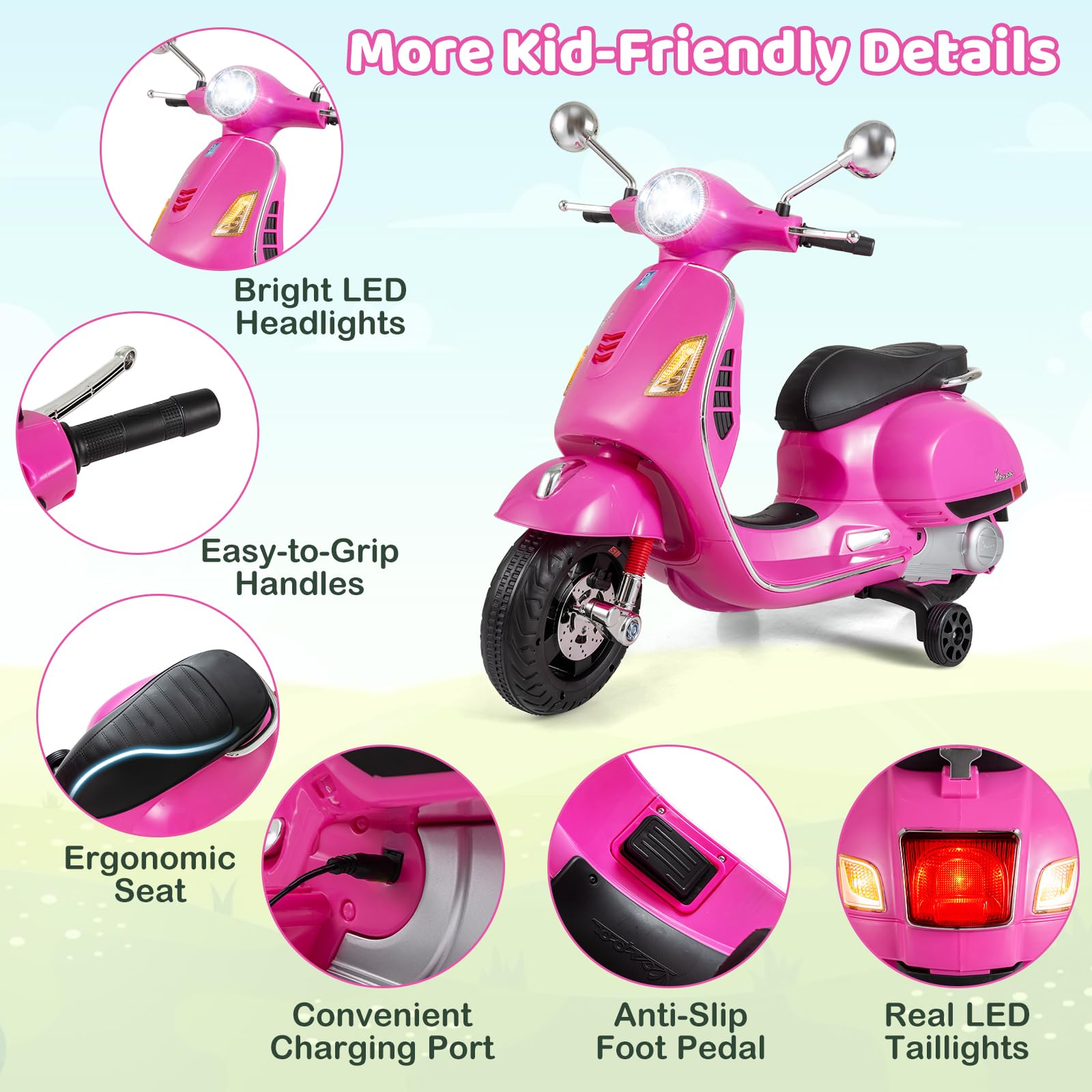 HOGEBABY 12V Licensed Vespa Ride on Motorcycle with Training Wheels - Image 5