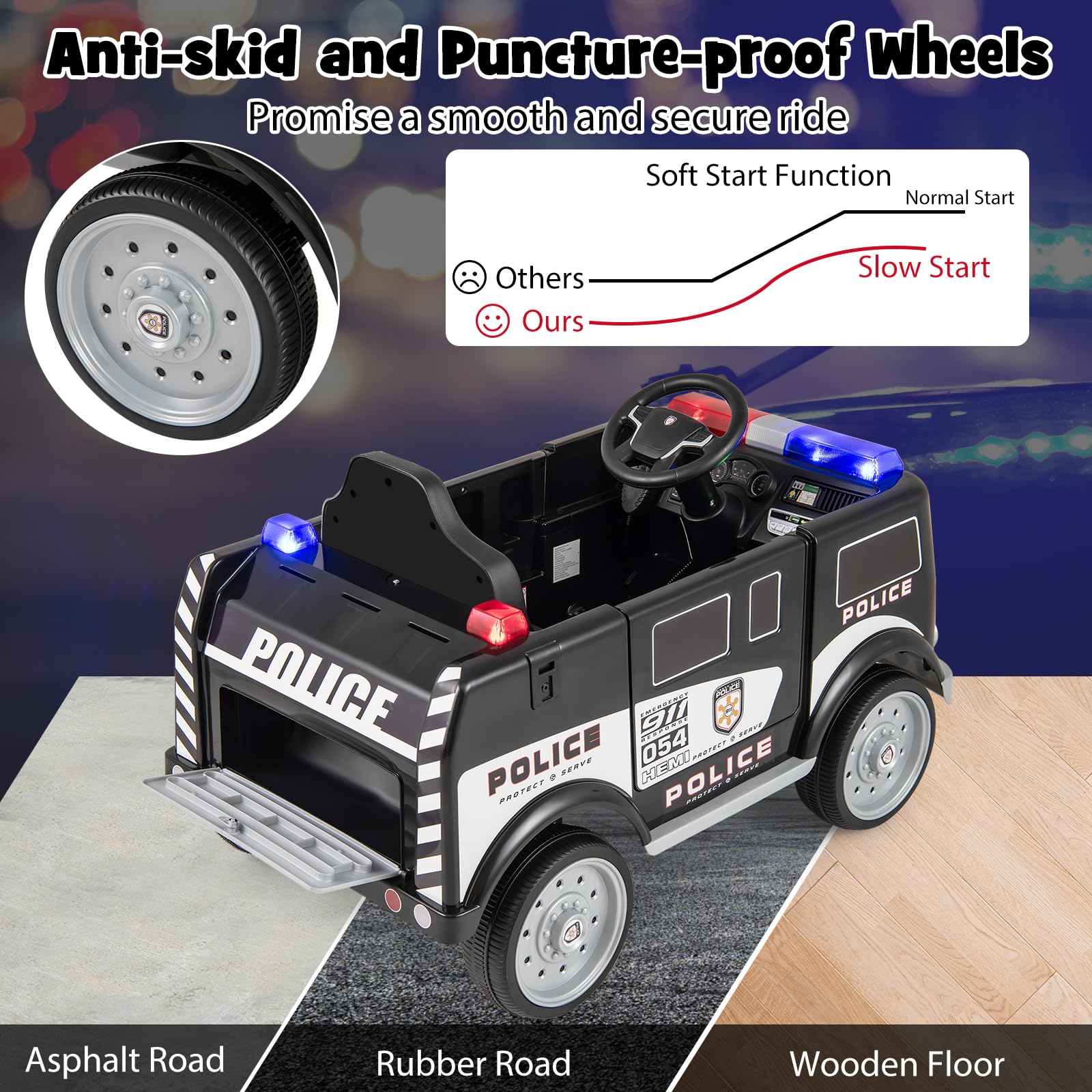 HOGEBABY Ride on Police Car, 12V Battery Powered Electric Cop Cars for Kids w/3 Speeds, Megaphone - Image 5